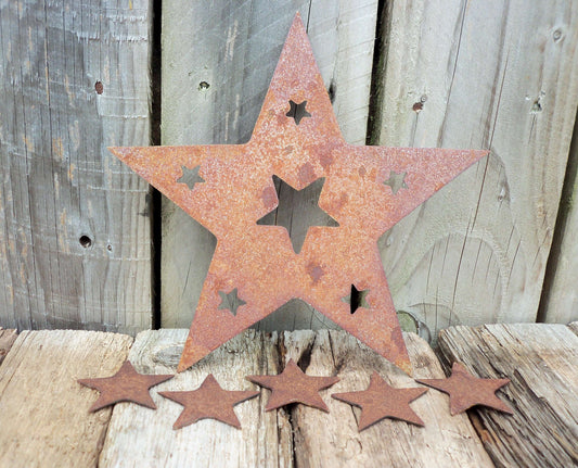 Rusty Metal STAR -Large with Star Cut Outs + 5 x SMALL STARS Set Garden Ornament. Rustic Garden Art Steel Decoration Vintage Gift
