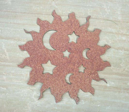 Rusty Metal SUN with Stars & Moons Cut Outs Garden Ornament. Rustic Garden Decor. Rusted Steel Garden Art. Metal SUN Garden Decoration. Vintage.