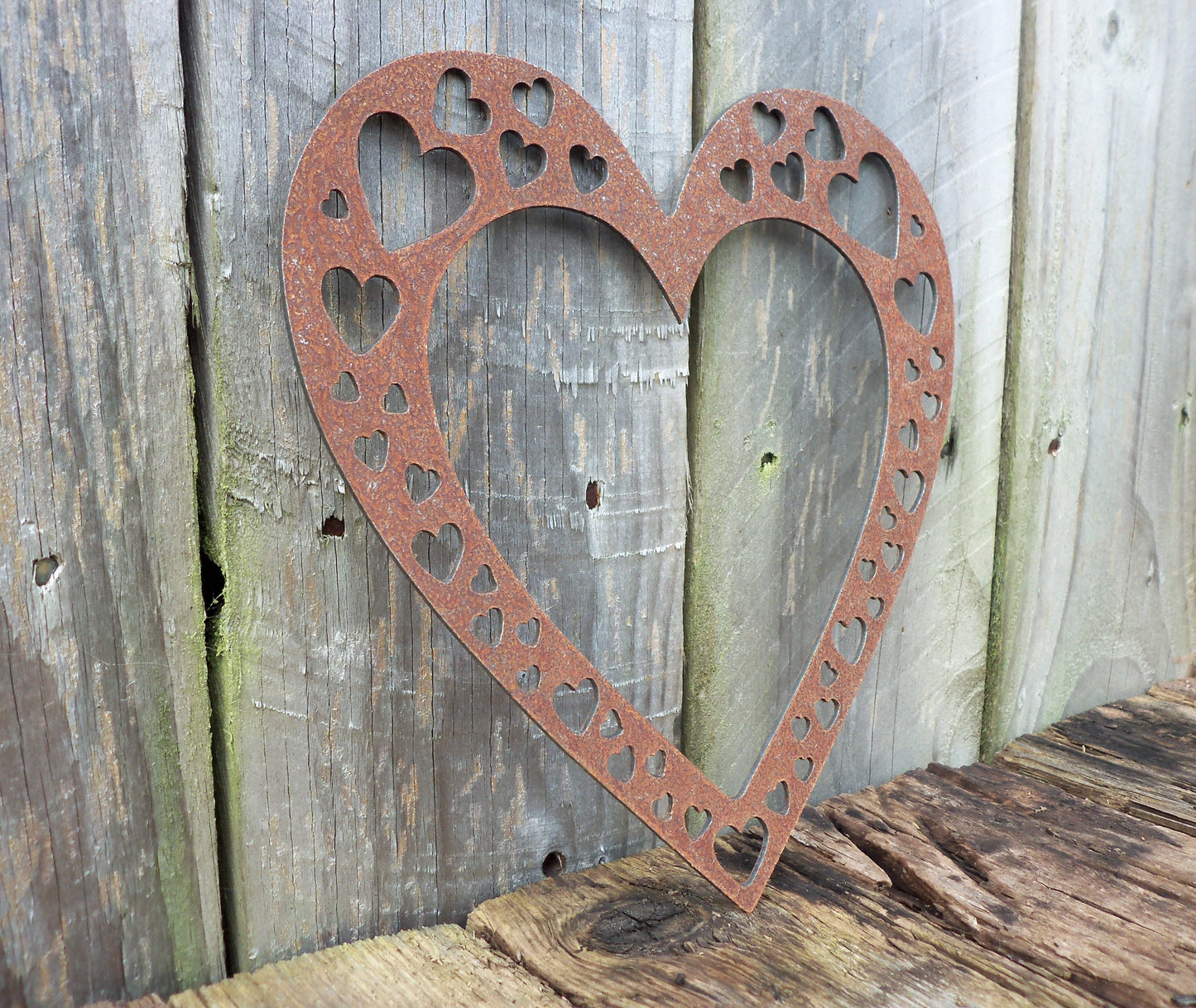 Rusty Metal LOVE HEART with Heart Cut Outs-Large Garden Ornament. Rustic Garden Decor. Metal HEART Garden Decoration Rusted Steel Garden Art