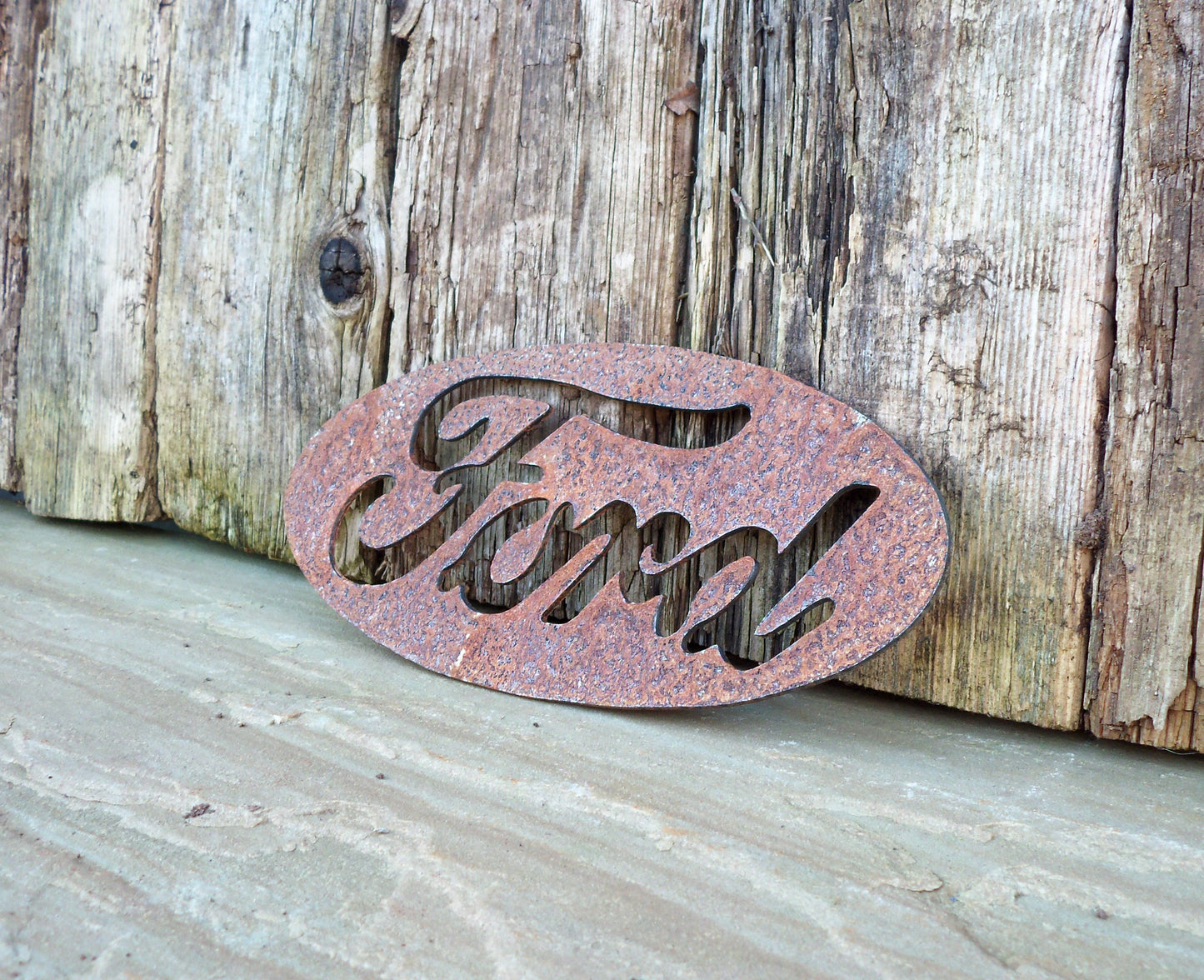 Rusty Metal FORD BADGE SIGN Garden Ornament. Rustic Garden Decor. Metal Garden CAR BADGE Decoration. Rusted Steel Garden Art. Birthday Gift.