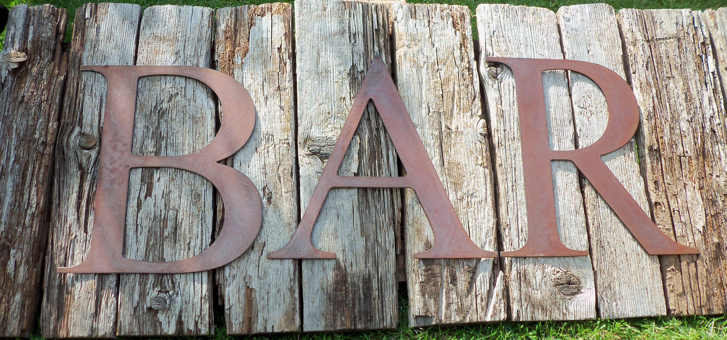 Rusty Metal BAR Sign Letters. 10" Metal Lettering. Rustic Garden Decoration. Rusted Steel Shop House Sign. Garden BAR Sign Vintage Decor. Dad.