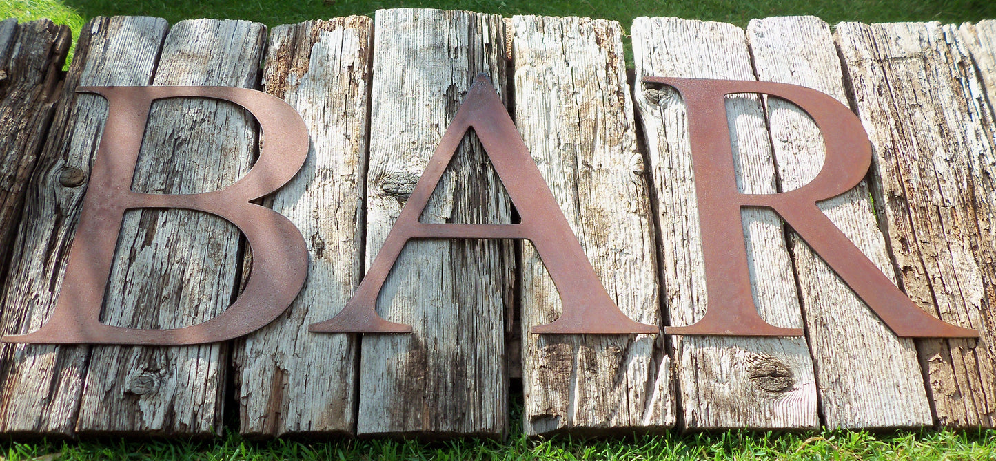 Rusty Metal BAR Sign Letters. 10" Metal Lettering. Rustic Garden Decoration. Rusted Steel Shop House Sign. Garden BAR Sign Vintage Decor. Dad.