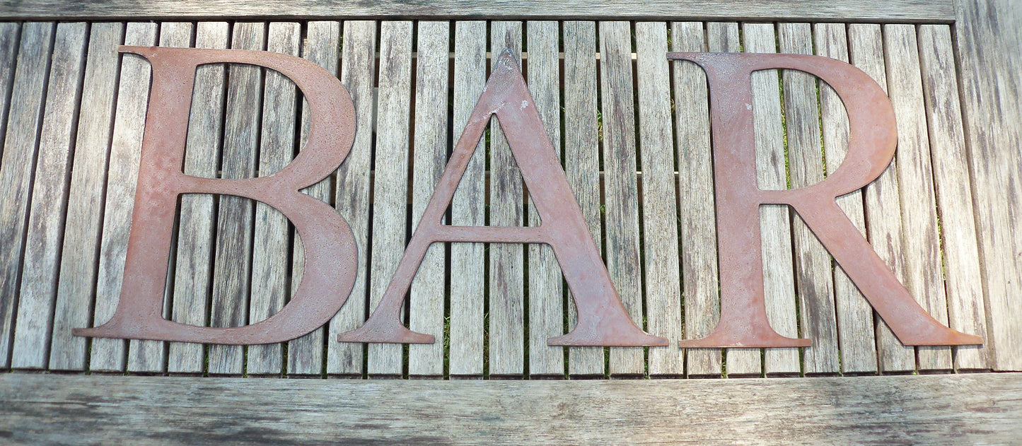 Rusty Metal BAR Sign Letters. 10" Metal Lettering. Rustic Garden Decoration. Rusted Steel Shop House Sign. Garden BAR Sign Vintage Decor. Dad.