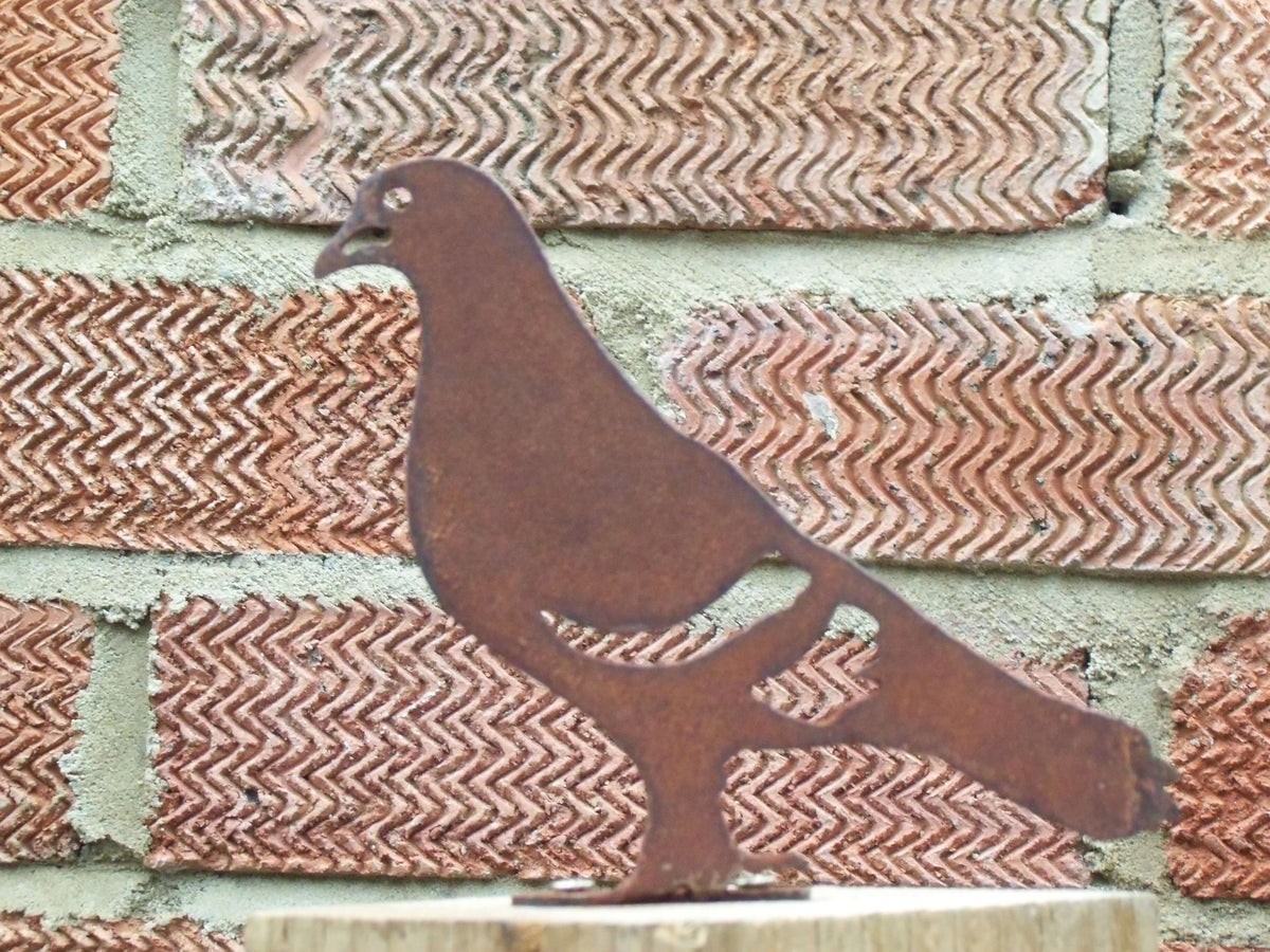 Rusted Steel PIGEON Garden Ornament displayed against a brick wall, highlighting its rustic charm and unique design.