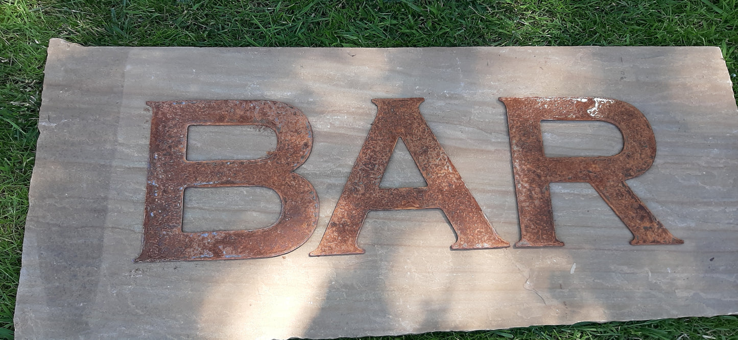Rusty Metal BAR Sign Letters. 8" Metal Lettering. Rustic Garden Decoration. Rusted Steel Shop House Sign. Garden BAR Sign Vintage Decor Dad