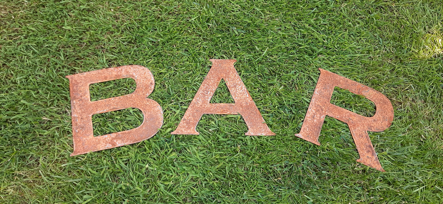 Rusty Metal BAR Sign Letters. 8" Metal Lettering. Rustic Garden Decoration. Rusted Steel Shop House Sign. Garden BAR Sign Vintage Decor Dad