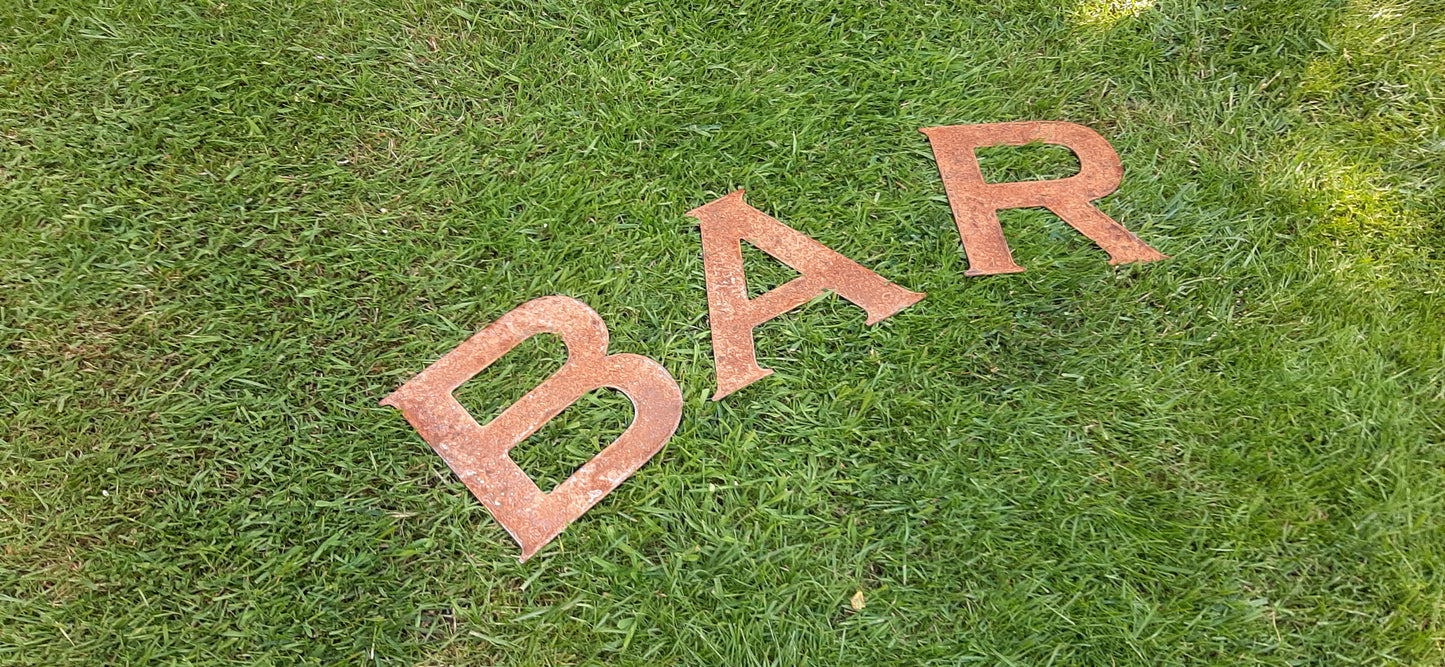 Rusty Metal BAR Sign Letters. 8" Metal Lettering. Rustic Garden Decoration. Rusted Steel Shop House Sign. Garden BAR Sign Vintage Decor Dad
