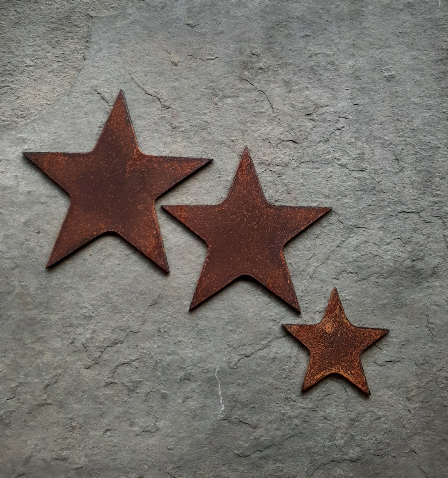 Rustic metal lucky stars set of three garden decorations, industrial style garden art decor.
