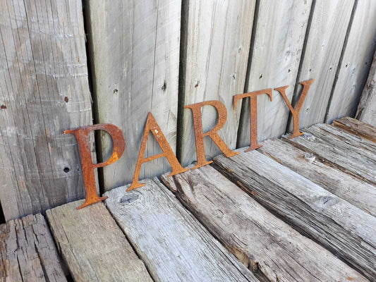Rusty Metal PARTY Sign Letters. 5" Metal Lettering. Rustic Garden Decoration. Rusted Steel Shop House Sign. Garden Party Sign Vintage Decor.