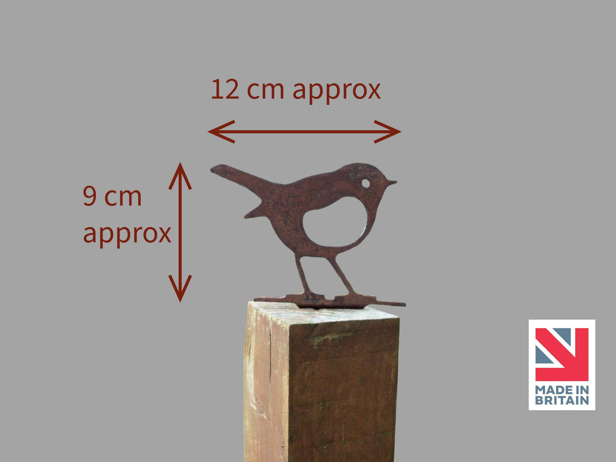 Rusty Steel Robin Garden Ornament displayed on a fence post, handmade, measuring approximately 12 cm wide by 9 cm tall.