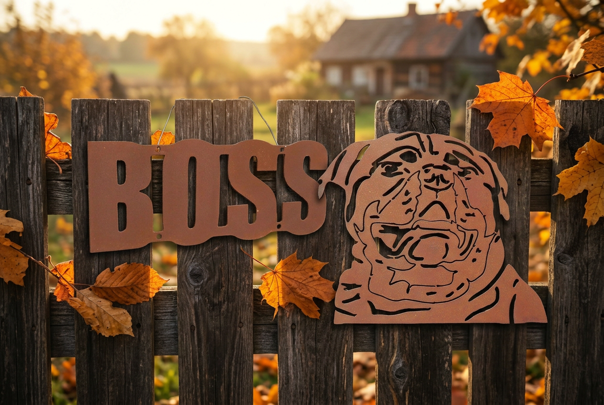 Autumn Sale handcrafted metal rustic garden sign featuring a dog face and the word BOSS on a wooden fence.