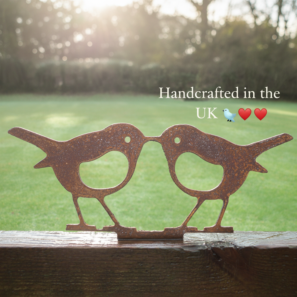 Rustic Metal Birds & Insects Collection featuring a rusty metal robin figure on a wooden post in a garden setting.