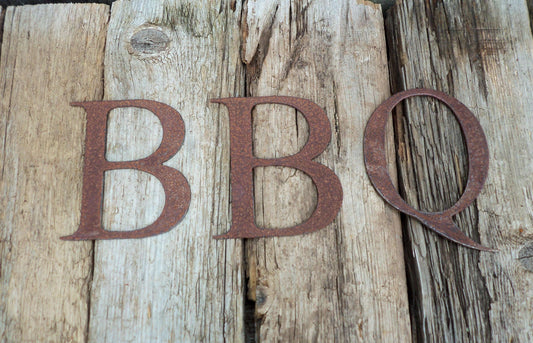 Rusty Metal BBQ Sign Letters. 4" Metal Lettering. Rustic Garden Decoration. Rusted Steel Shop House Sign. Garden Party Sign Vintage Decor.