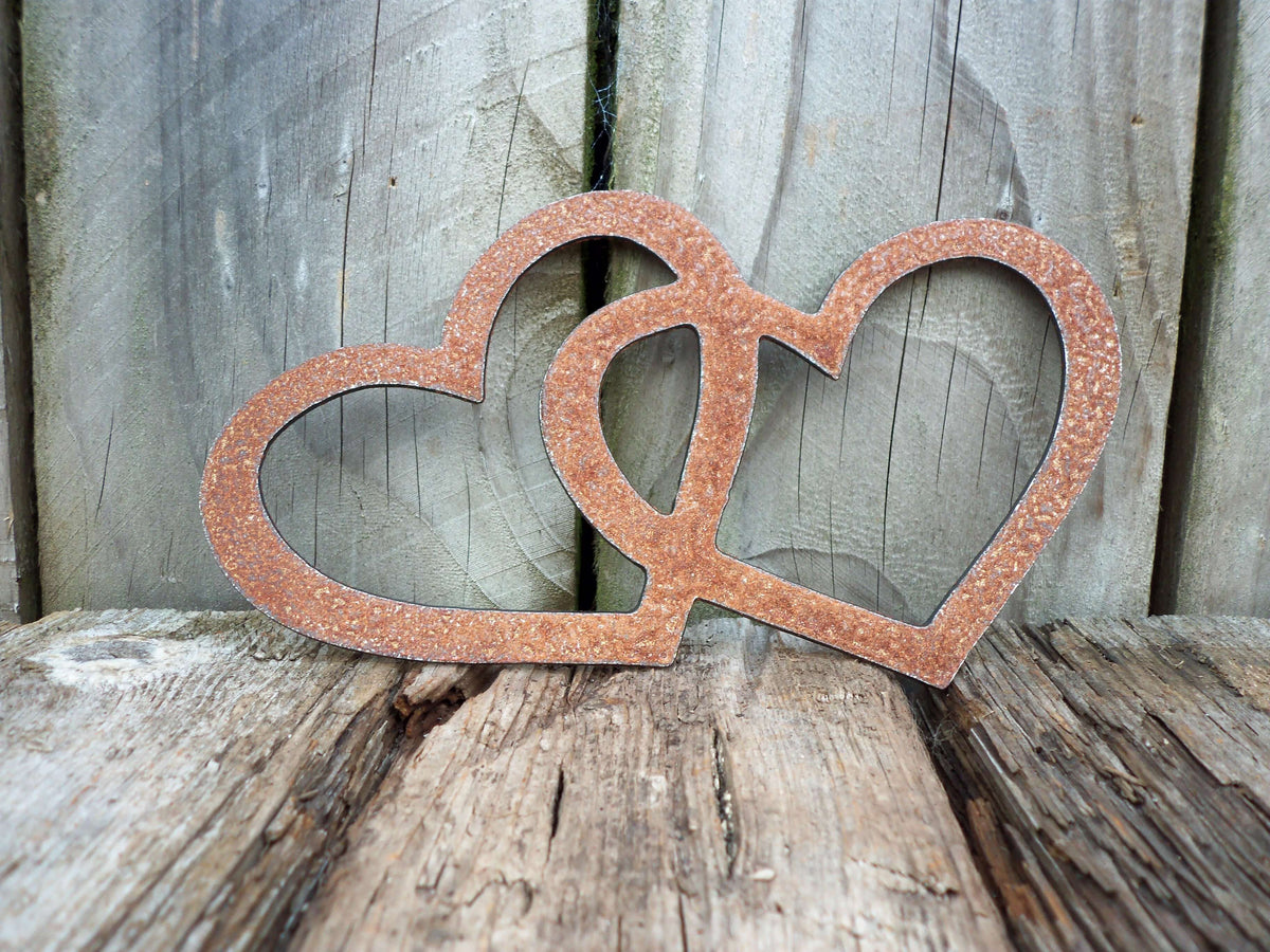 Rustic Steel Hearts Garden Gift Set - 3 piece handmade heart designs on wooden background.
