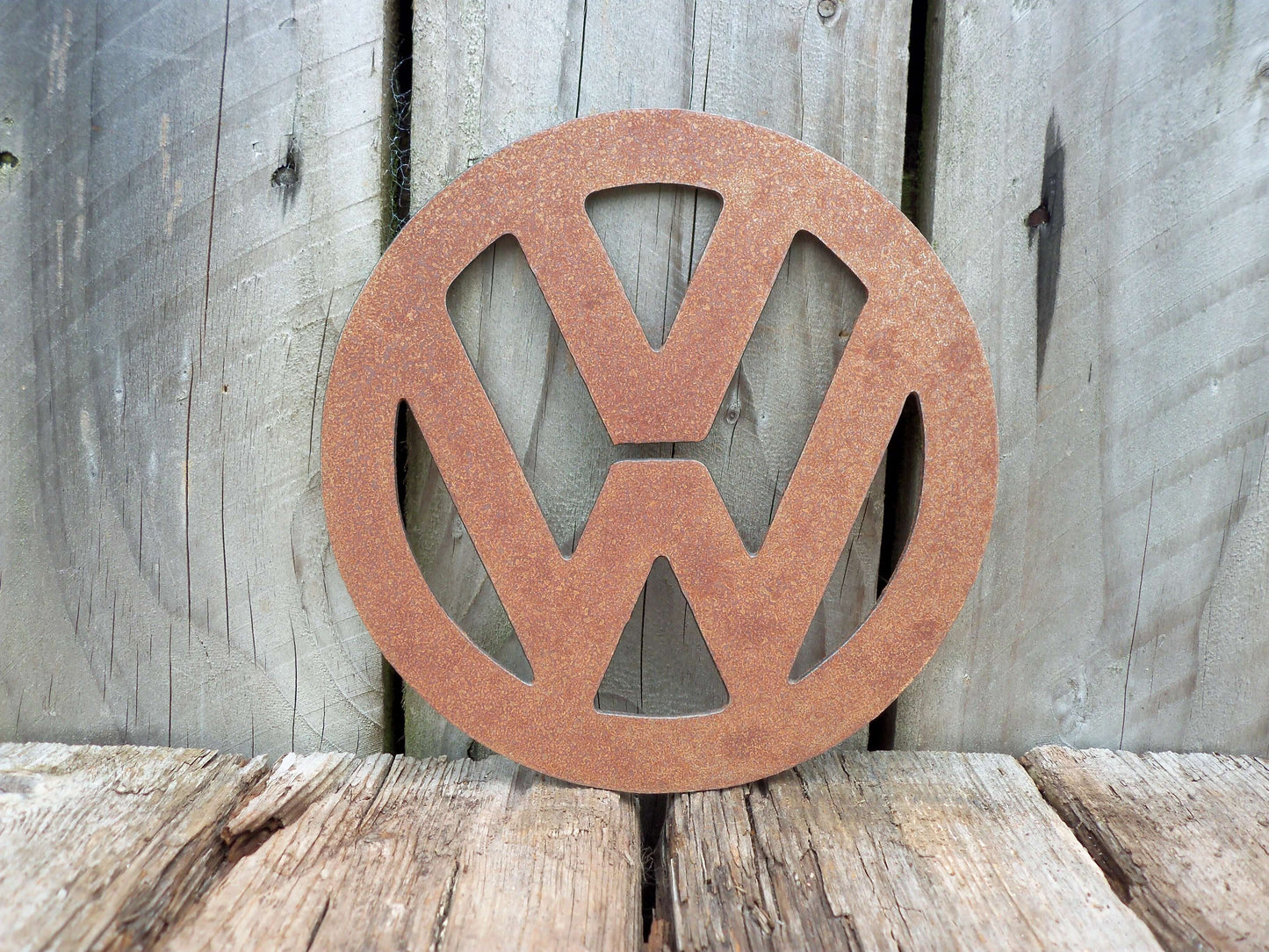 Rusty Metal VW BADGE SIGN Garden Ornament. Rustic Garden Decor. Metal Garden CAR BADGE Decoration. Rusted Steel Garden Art. Birthday Gift.