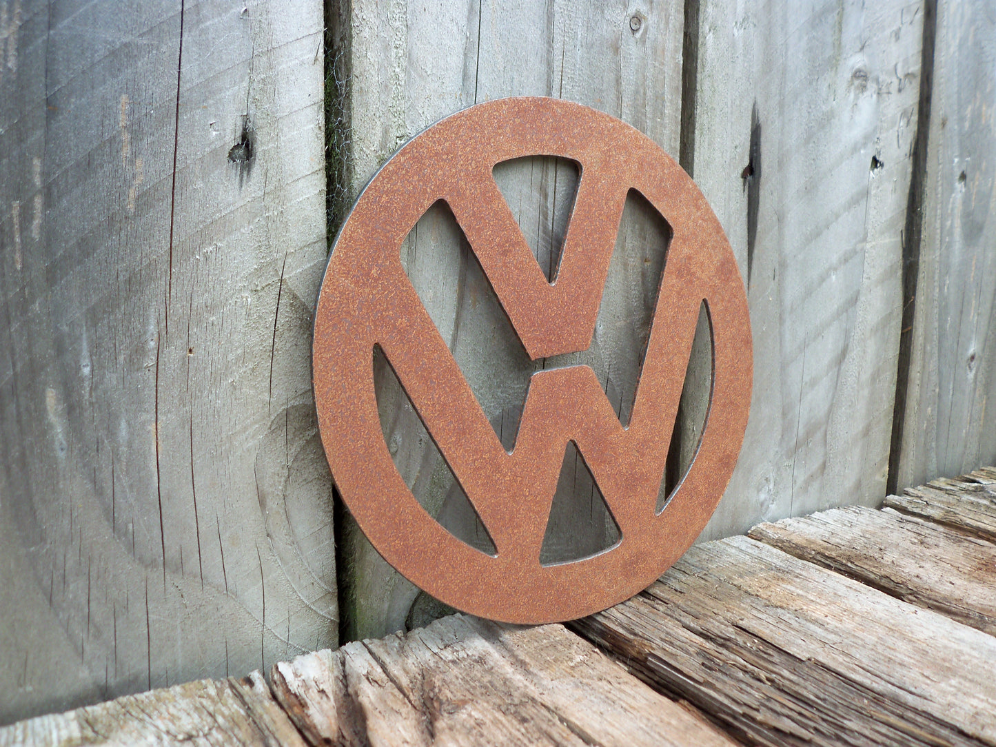 Rusty Metal VW BADGE SIGN Garden Ornament. Rustic Garden Decor. Metal Garden CAR BADGE Decoration. Rusted Steel Garden Art. Birthday Gift.