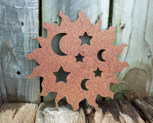 Rusty Metal SUN with Stars & Moons Cut Outs Garden Ornament. Rustic Garden Decor. Rusted Steel Garden Art. Metal SUN Garden Decoration. Vintage.