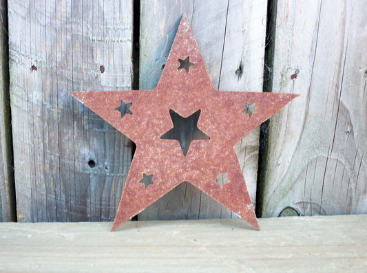 Rusty Metal STAR -Large with Star Cut Outs Garden Ornament. Rustic Garden Decor. Rusted Steel Garden Art. Vintage Metal Garden Decoration.