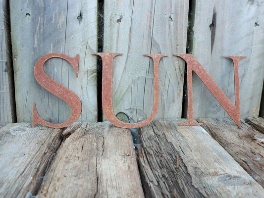 Rusty Metal SUN Sign Letters. 5" Metal Lettering. Rustic Garden Decoration. Rusted Steel Shop House Sign. Metal Garden Sign Vintage Decor.