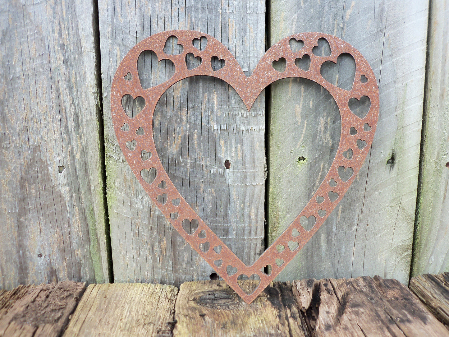 Rusty Metal LOVE HEART with Heart Cut Outs-Large Garden Ornament. Rustic Garden Decor. Metal HEART Garden Decoration Rusted Steel Garden Art