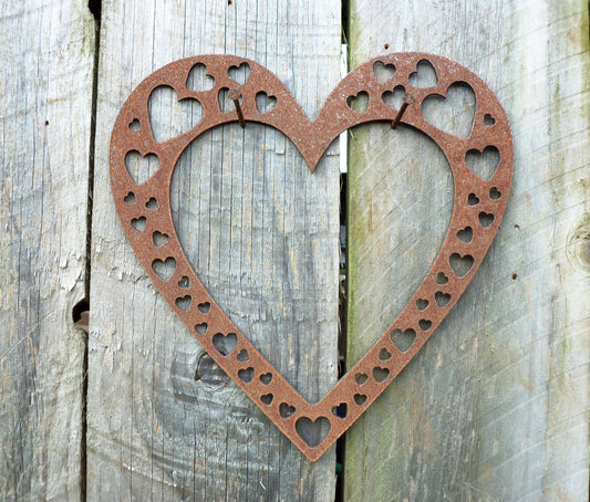 Rusty Metal LOVE HEART with Heart Cut Outs-Large Garden Ornament. Rustic Garden Decor. Metal HEART Garden Decoration Rusted Steel Garden Art