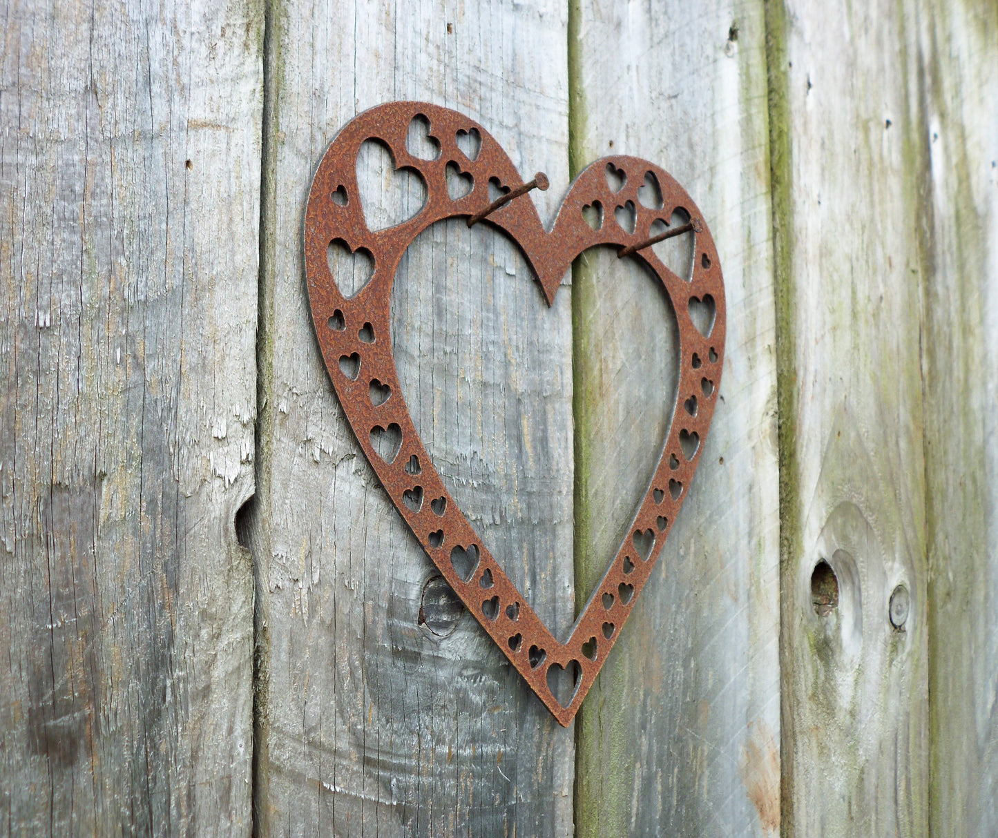 Rusty Metal LOVE HEART with Heart Cut Outs-Large Garden Ornament. Rustic Garden Decor. Metal HEART Garden Decoration Rusted Steel Garden Art