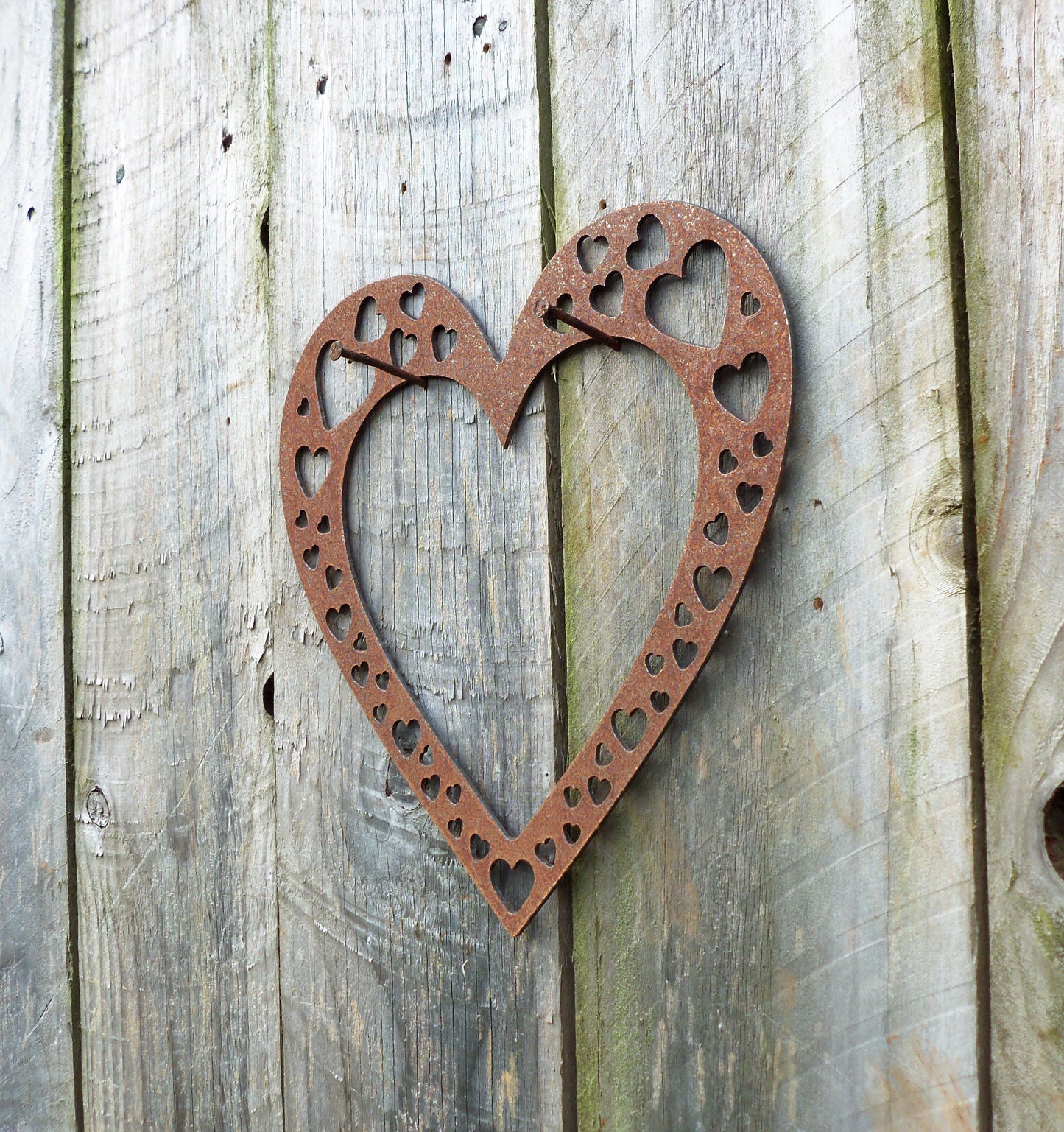 Rusty Metal LOVE HEART with Heart Cut Outs-Large Garden Ornament. Rustic Garden Decor. Metal HEART Garden Decoration Rusted Steel Garden Art