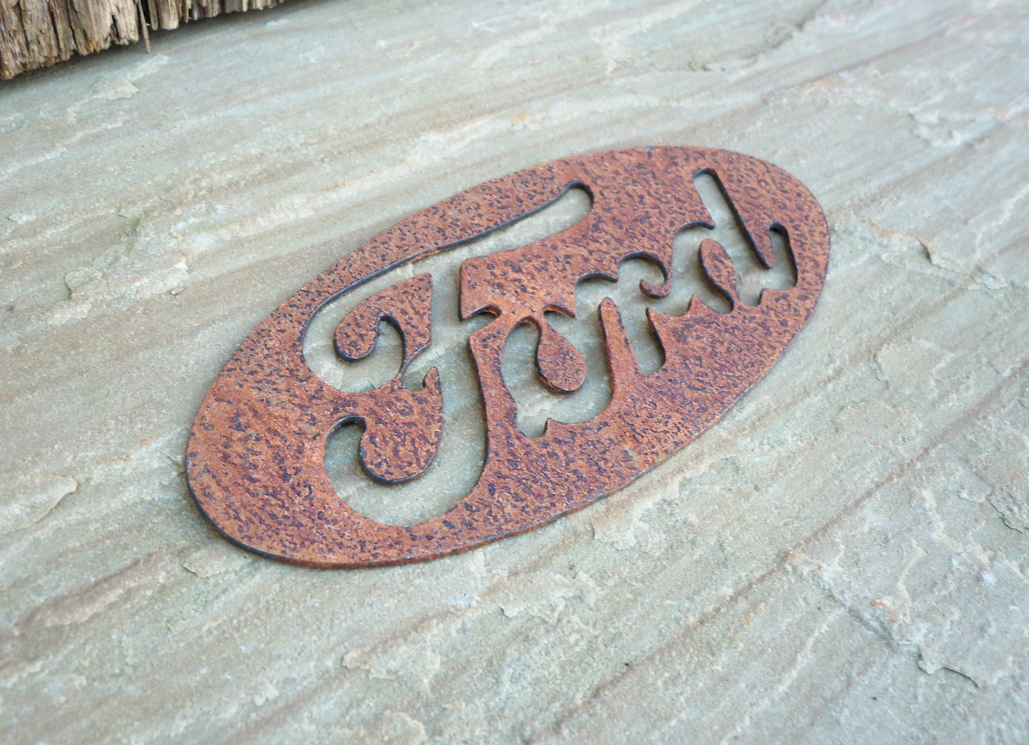 Rusty Metal FORD BADGE SIGN Garden Ornament. Rustic Garden Decor. Metal Garden CAR BADGE Decoration. Rusted Steel Garden Art. Birthday Gift.