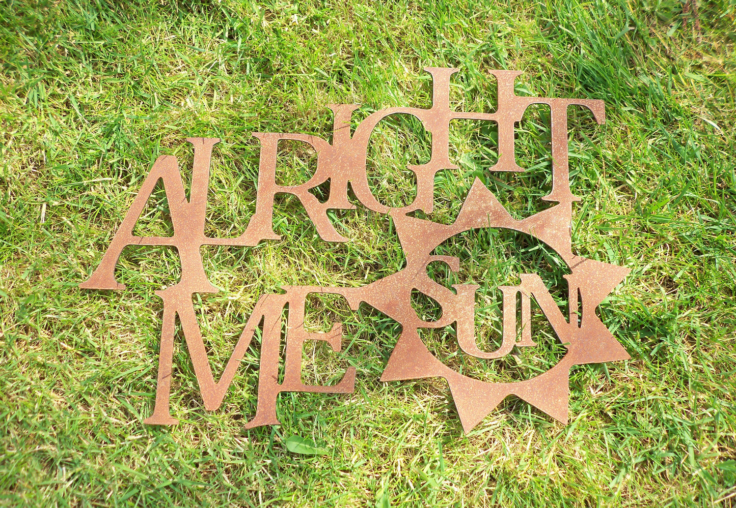 Rusty Metal 'ALRIGHT ME SUN' Sign Plaque Garden Ornament. Rustic Garden Decor. Metal Garden Decoration. Rusted Steel Garden Wall Fence Art.