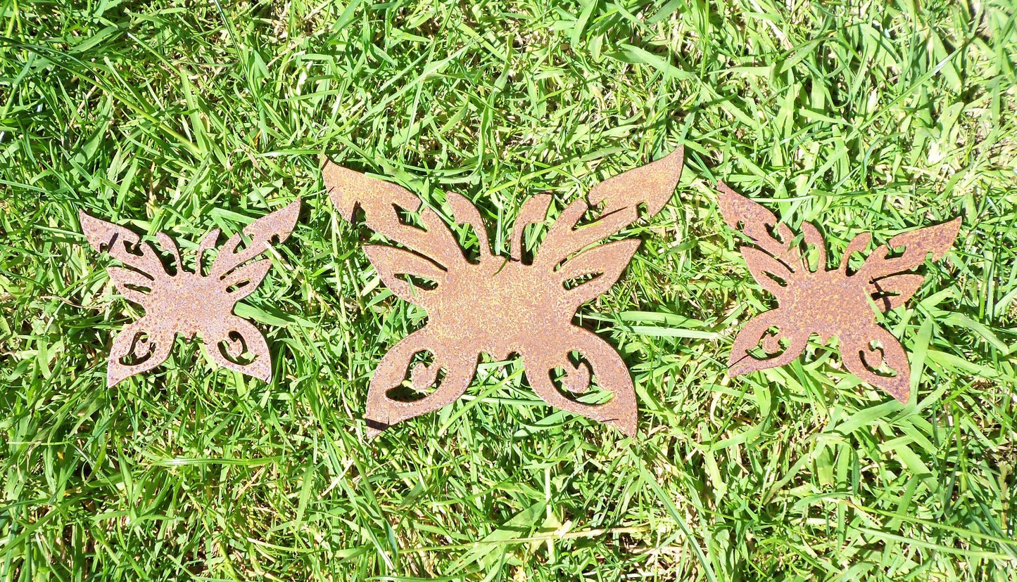 Rusty Metal BUTTERFLIES x 3 Garden Ornaments. Rustic Garden Decor. Metal Garden Butterfly Decorations. Rusted Steel Garden Art Birthday Gift