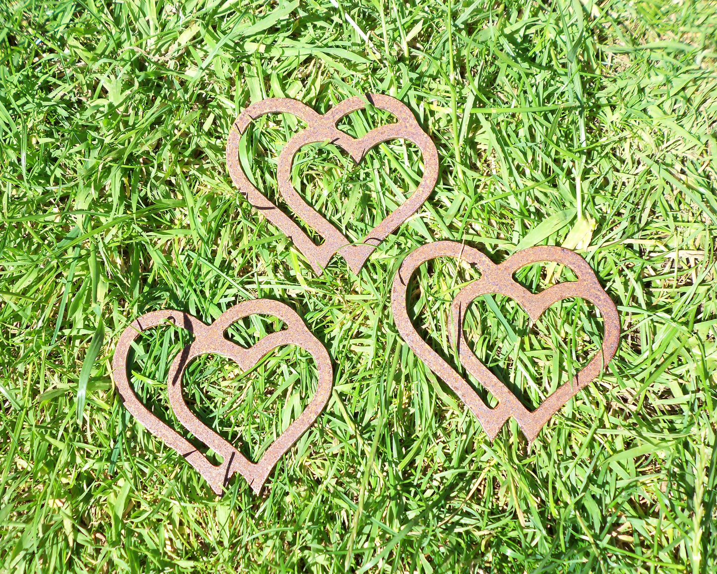 Rusty Metal DOUBLE HEARTS x 3 Garden Ornament. Rustic Garden Decor. Rusted Steel Garden Art. Metal Garden Decoration. Birthday Present.