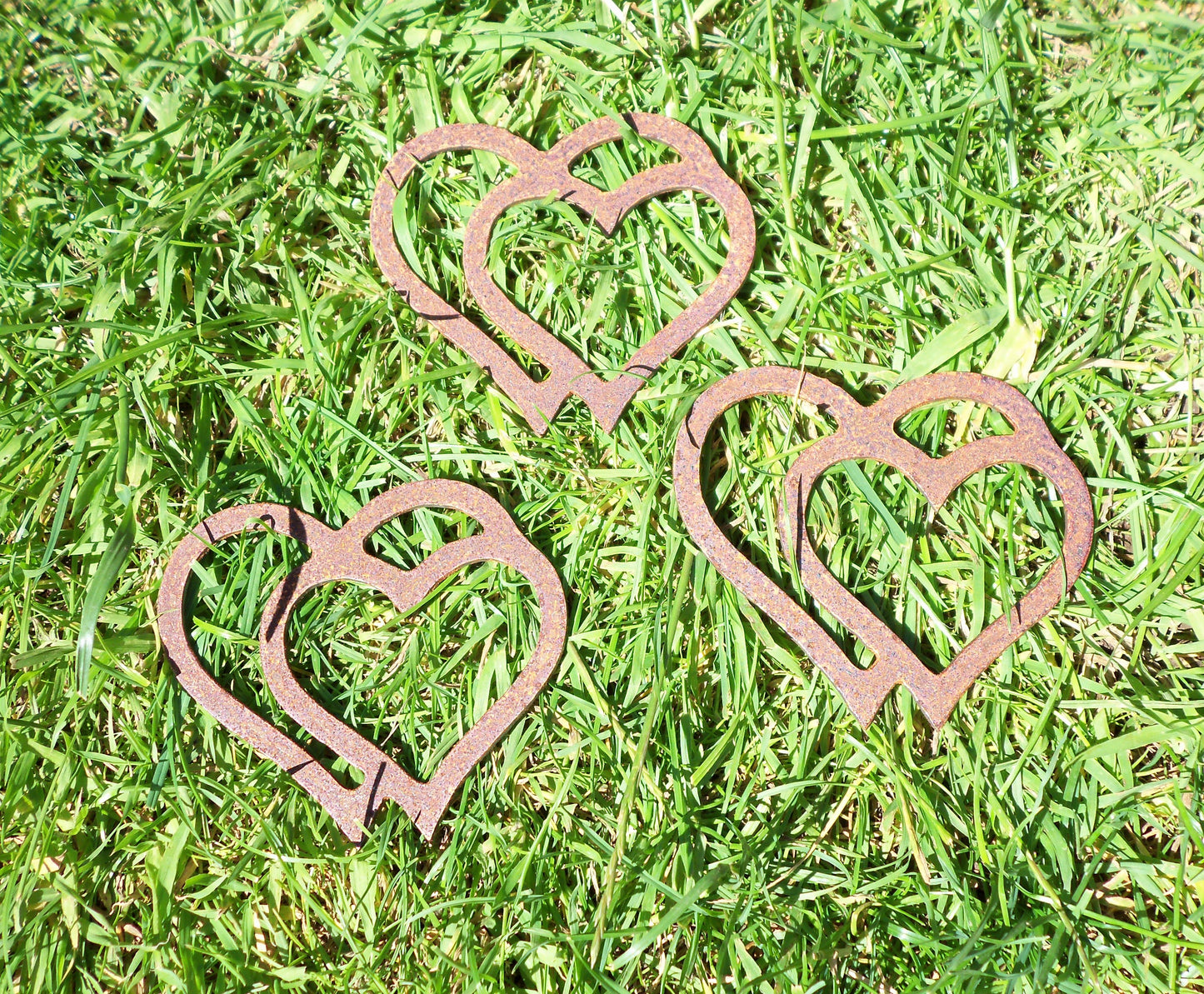 Rusty Metal DOUBLE HEARTS x 3 Garden Ornament. Rustic Garden Decor. Rusted Steel Garden Art. Metal Garden Decoration. Birthday Present.