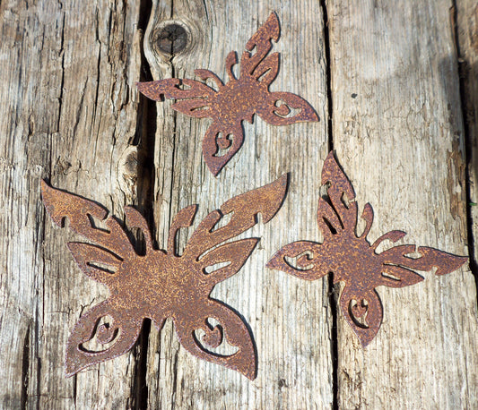 Rusty Metal BUTTERFLIES x 3 Garden Ornaments. Rustic Garden Decor. Metal Garden Butterfly Decorations. Rusted Steel Garden Art Birthday Gift