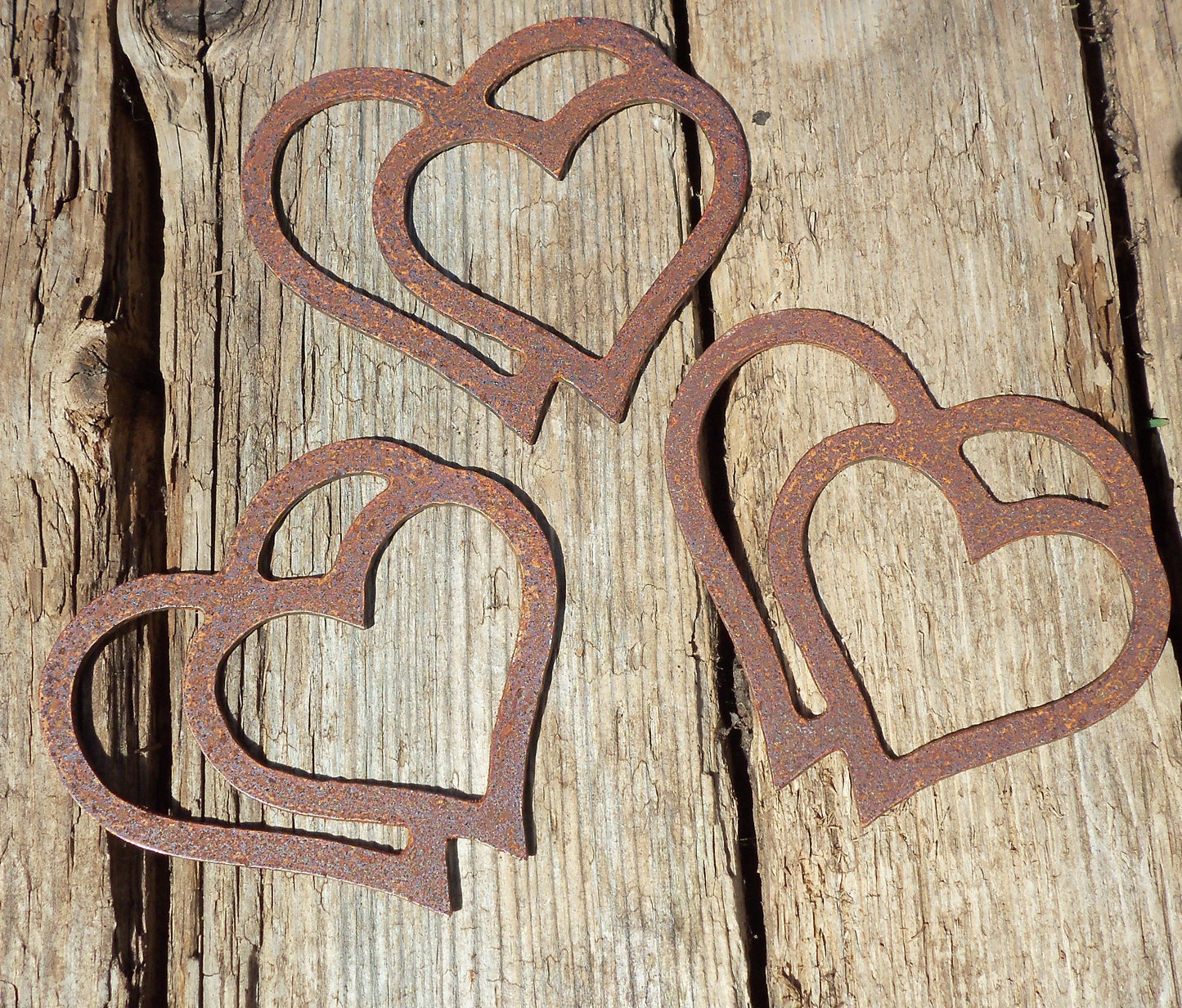 Rusty Metal DOUBLE HEARTS x 3 Garden Ornament. Rustic Garden Decor. Rusted Steel Garden Art. Metal Garden Decoration. Birthday Present.