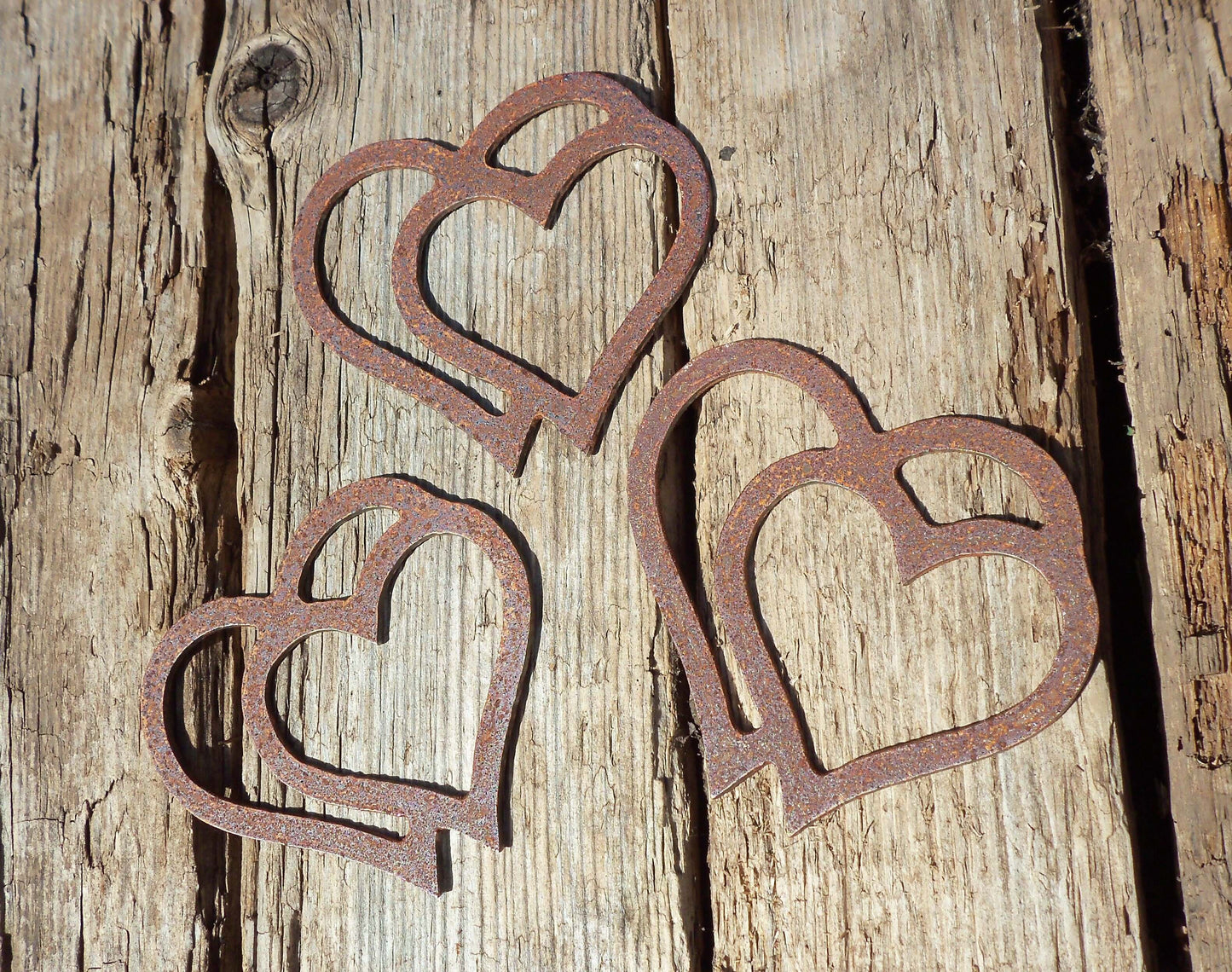 Rusty Metal DOUBLE HEARTS x 3 Garden Ornament. Rustic Garden Decor. Rusted Steel Garden Art. Metal Garden Decoration. Birthday Present.