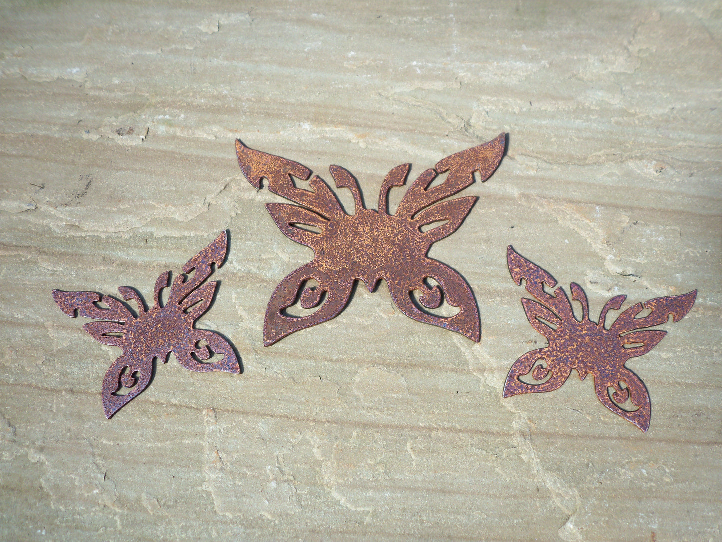 Rusty Metal BUTTERFLIES x 3 Garden Ornaments. Rustic Garden Decor. Metal Garden Butterfly Decorations. Rusted Steel Garden Art Birthday Gift