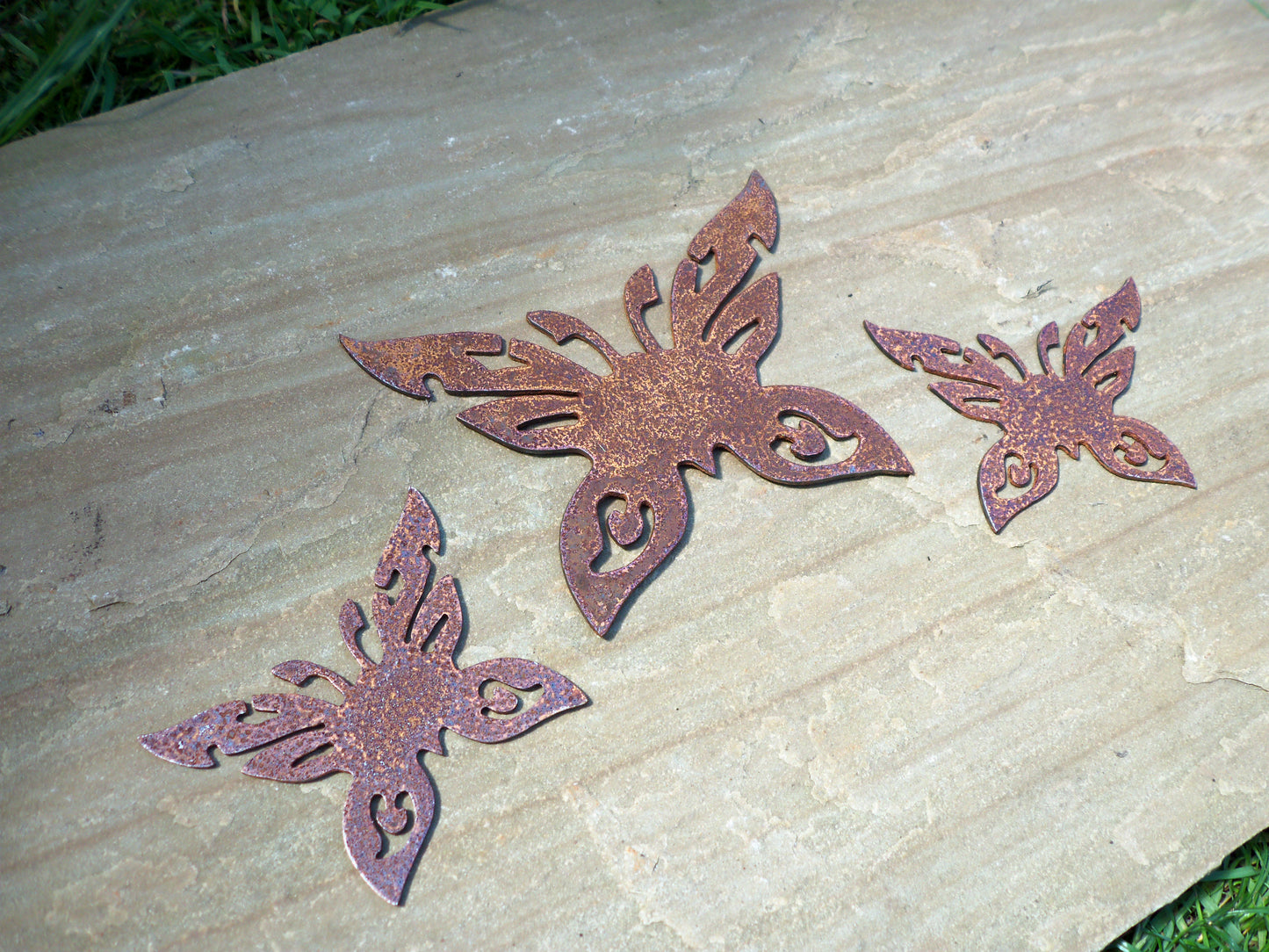 Rusty Metal BUTTERFLIES x 3 Garden Ornaments. Rustic Garden Decor. Metal Garden Butterfly Decorations. Rusted Steel Garden Art Birthday Gift