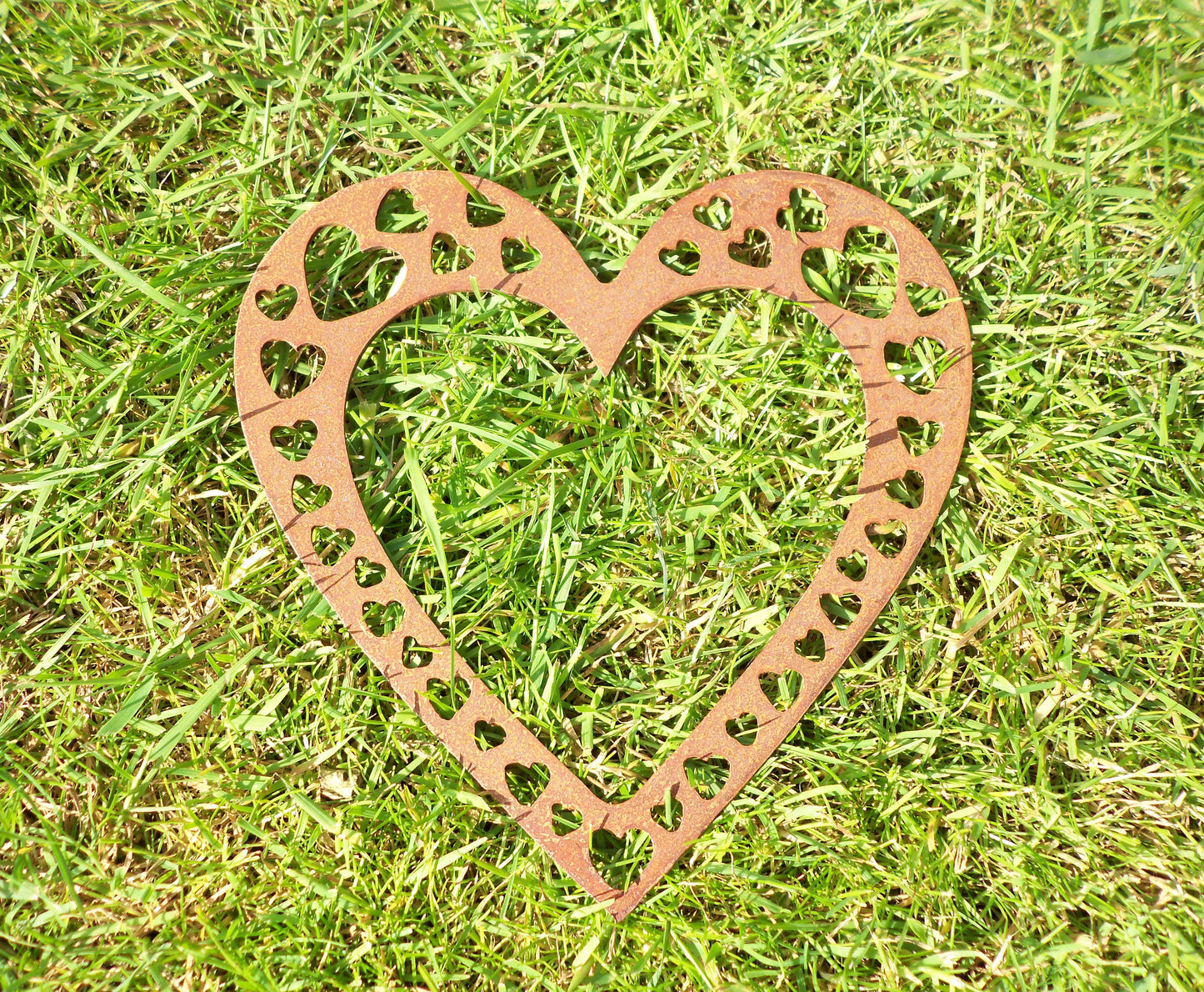 Rusty Metal LOVE HEART with Heart Cut Outs -Small Garden Ornament. Rustic Garden Decor Metal HEART Garden Decoration Rusted Steel Garden Art