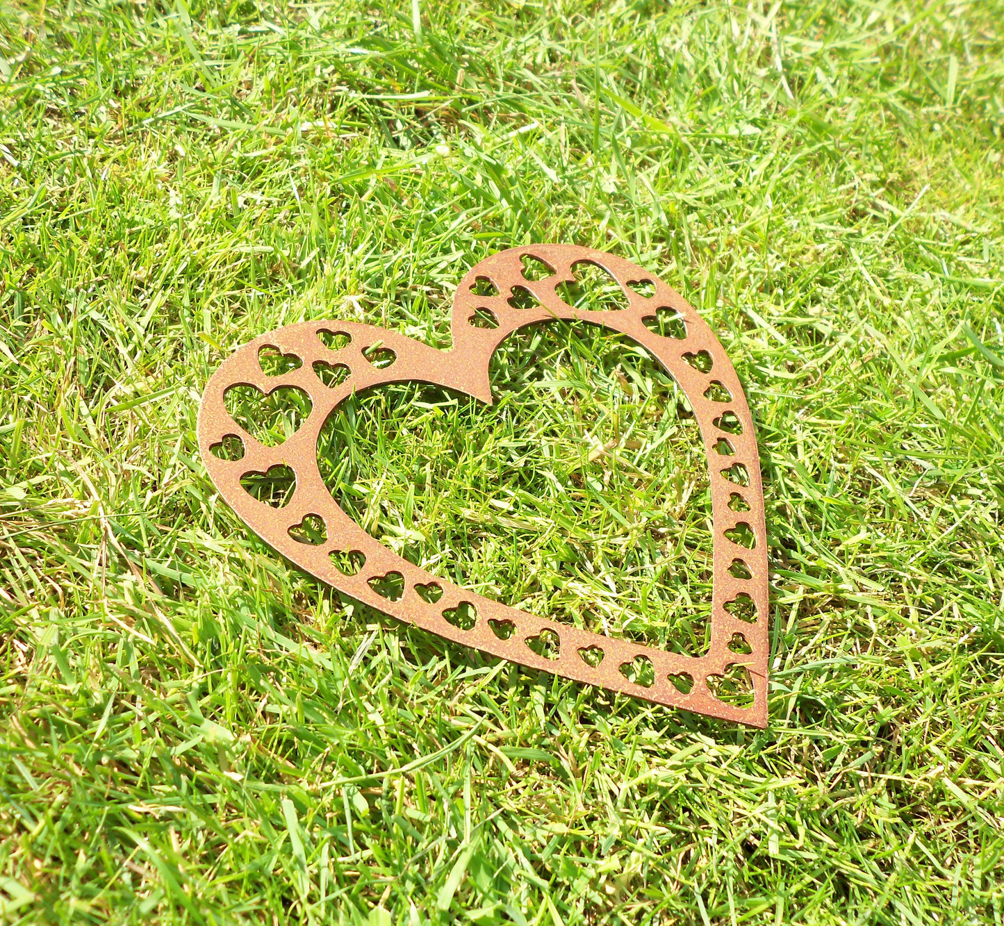 Rusty Metal LOVE HEART with Heart Cut Outs -Small Garden Ornament. Rustic Garden Decor Metal HEART Garden Decoration Rusted Steel Garden Art