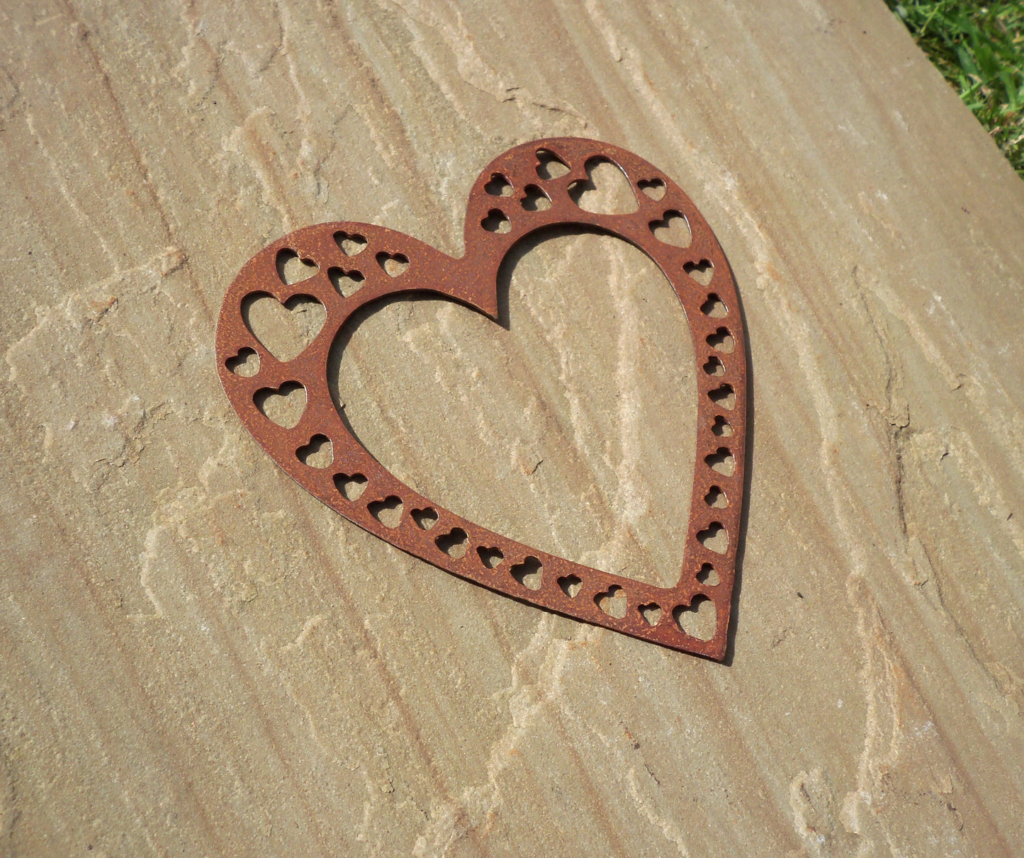 Rusty Metal LOVE HEART with Heart Cut Outs -Small Garden Ornament. Rustic Garden Decor Metal HEART Garden Decoration Rusted Steel Garden Art