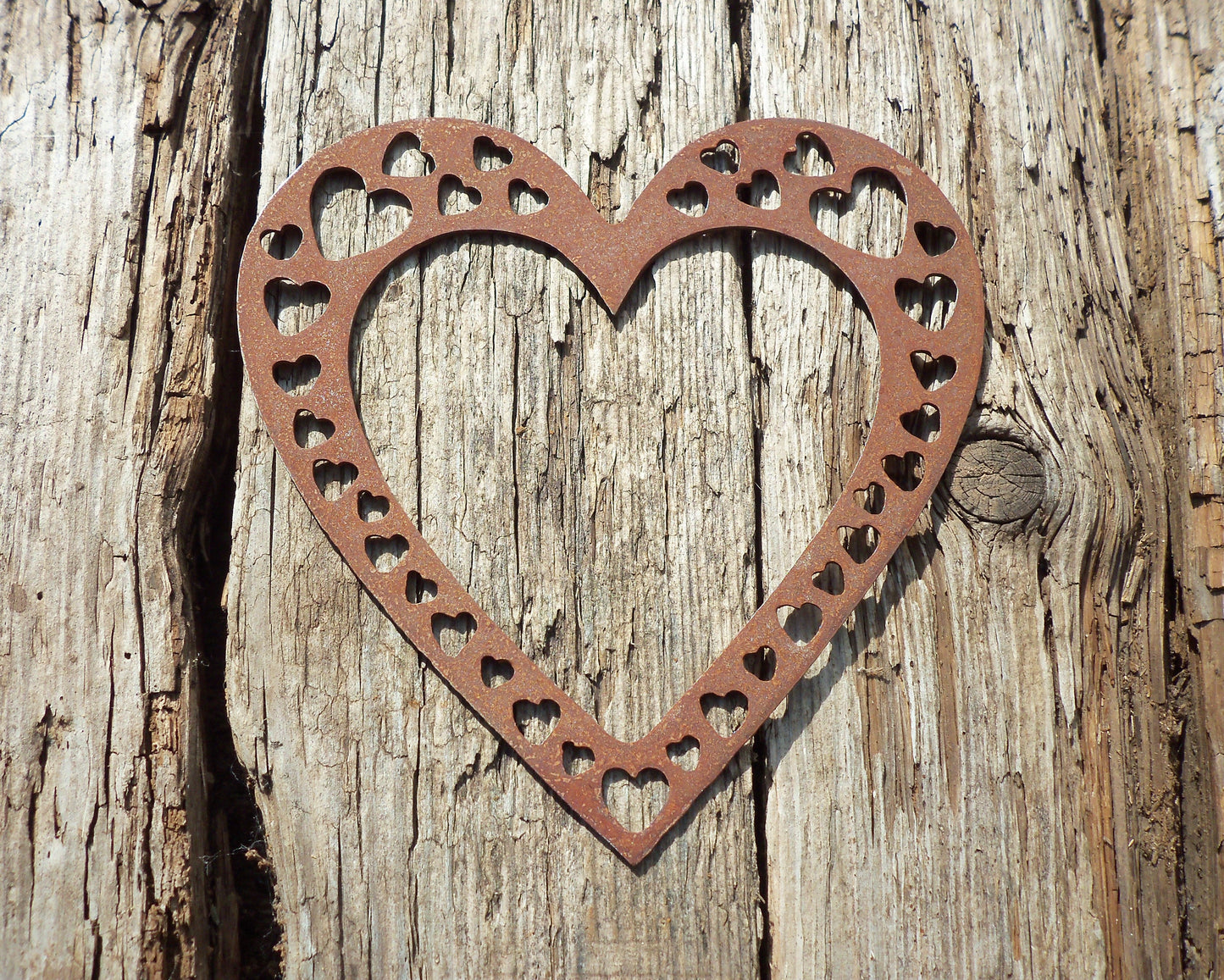 Rusty Metal LOVE HEART with Heart Cut Outs -Small Garden Ornament. Rustic Garden Decor Metal HEART Garden Decoration Rusted Steel Garden Art