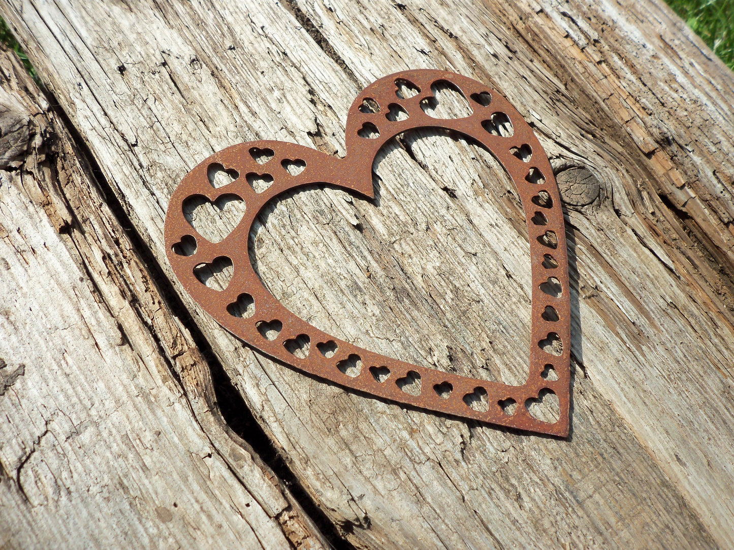 Rusty Metal LOVE HEART with Heart Cut Outs -Small Garden Ornament. Rustic Garden Decor Metal HEART Garden Decoration Rusted Steel Garden Art