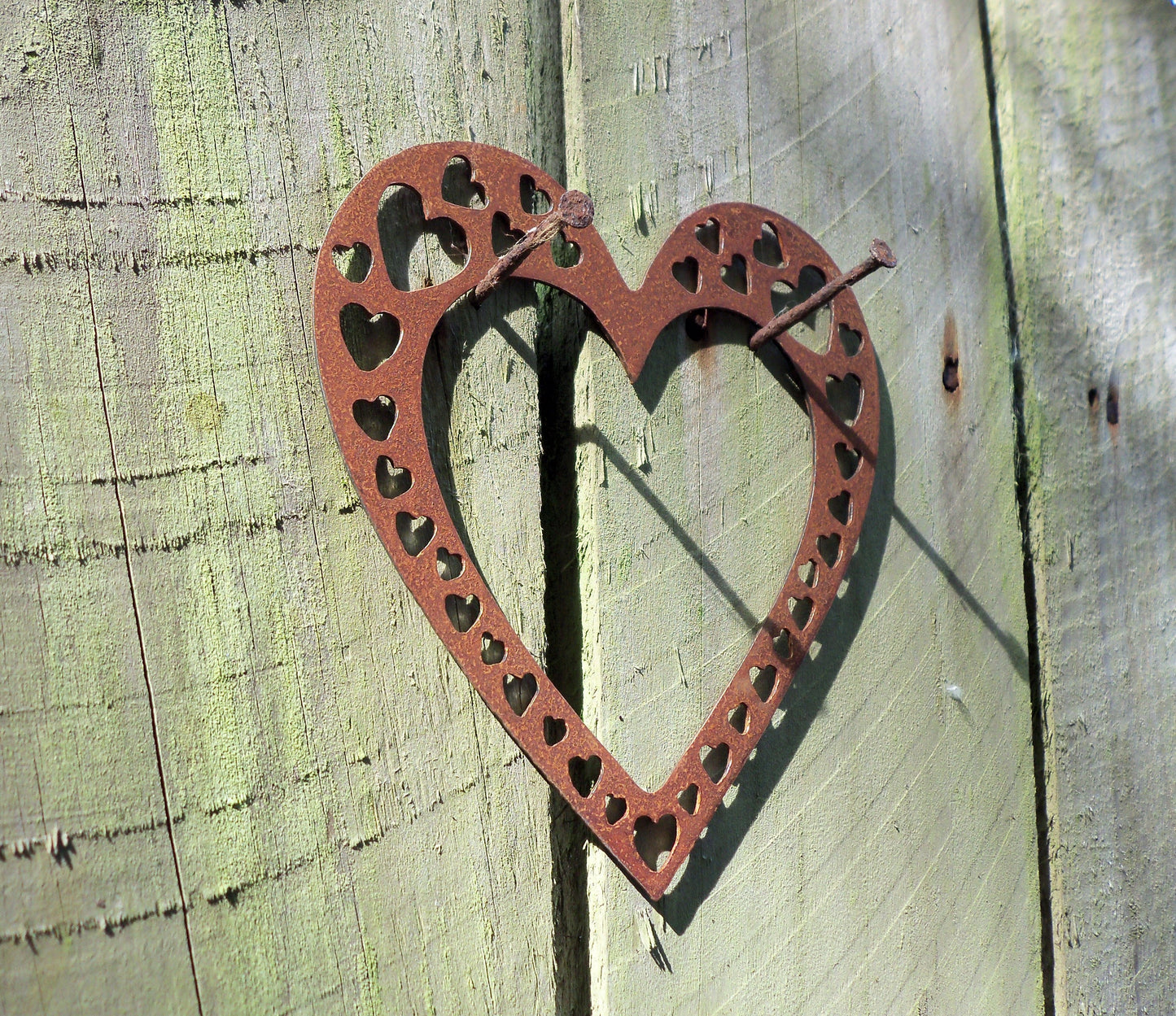 Rusty Metal LOVE HEART with Heart Cut Outs -Small Garden Ornament. Rustic Garden Decor Metal HEART Garden Decoration Rusted Steel Garden Art