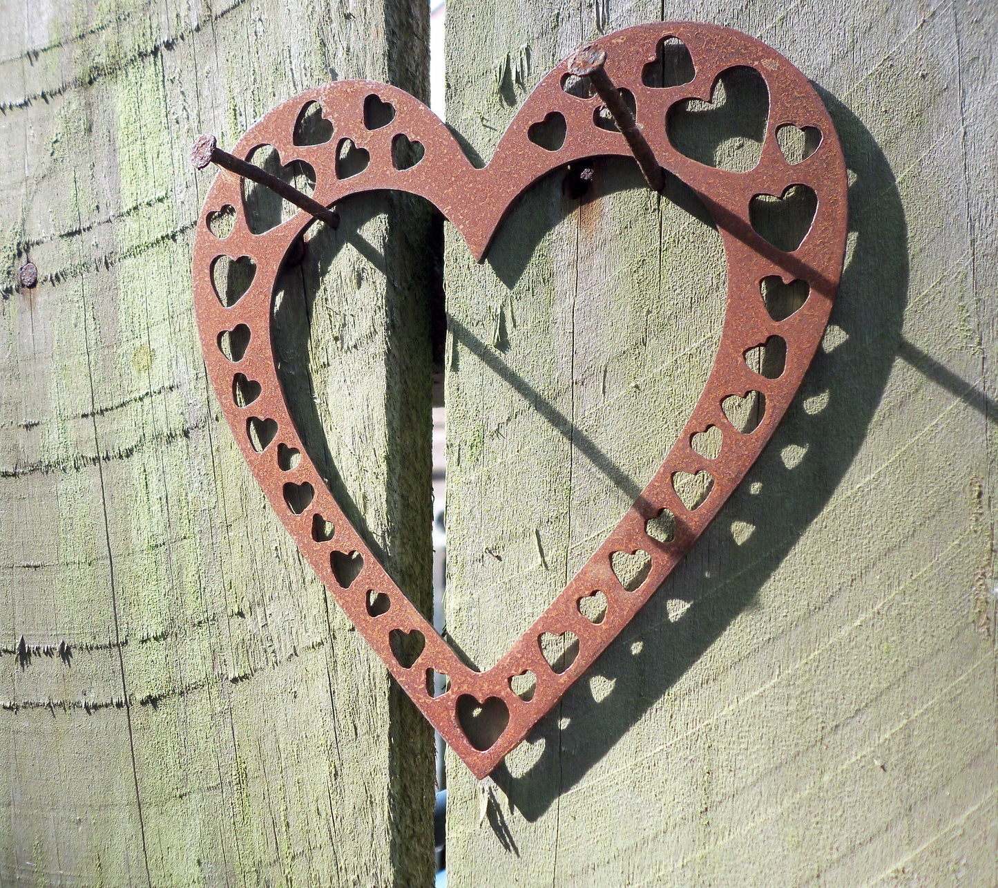 Rusty Metal LOVE HEART with Heart Cut Outs -Small Garden Ornament. Rustic Garden Decor Metal HEART Garden Decoration Rusted Steel Garden Art