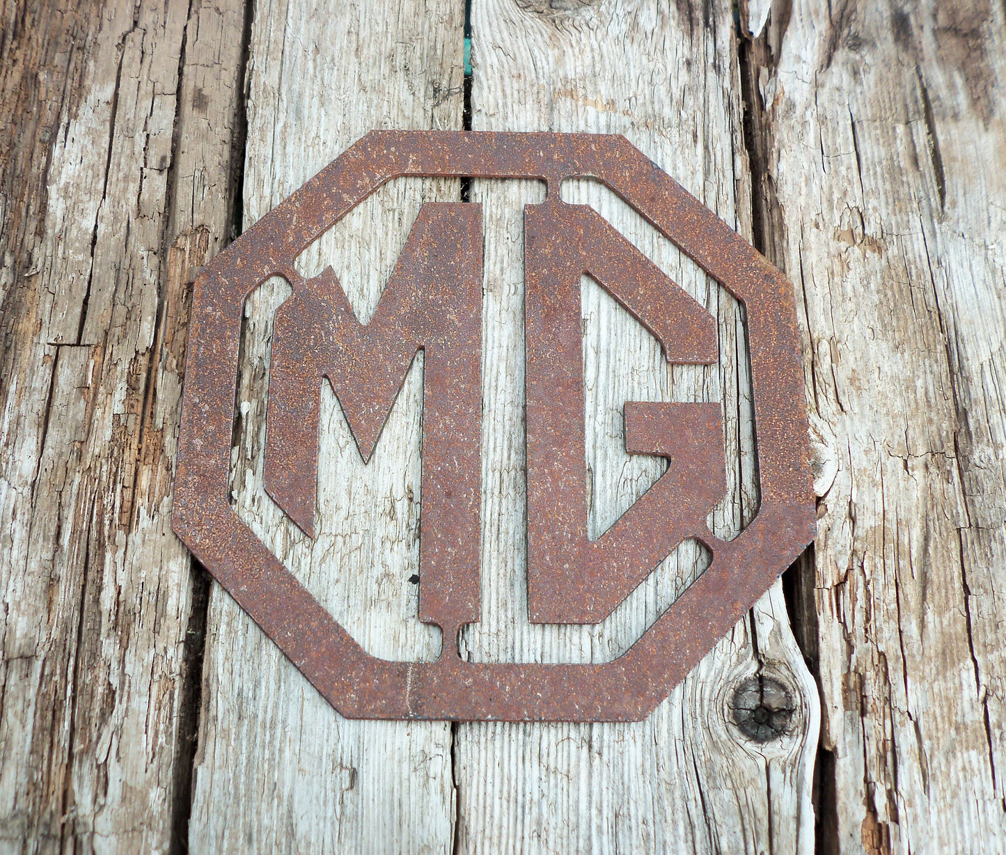 Rusty Metal MG BADGE SIGN Garden Ornament. Rustic Garden Decor. Metal Garden CAR BADGE Decoration. Rusted Steel Garden Art. Birthday Gift.