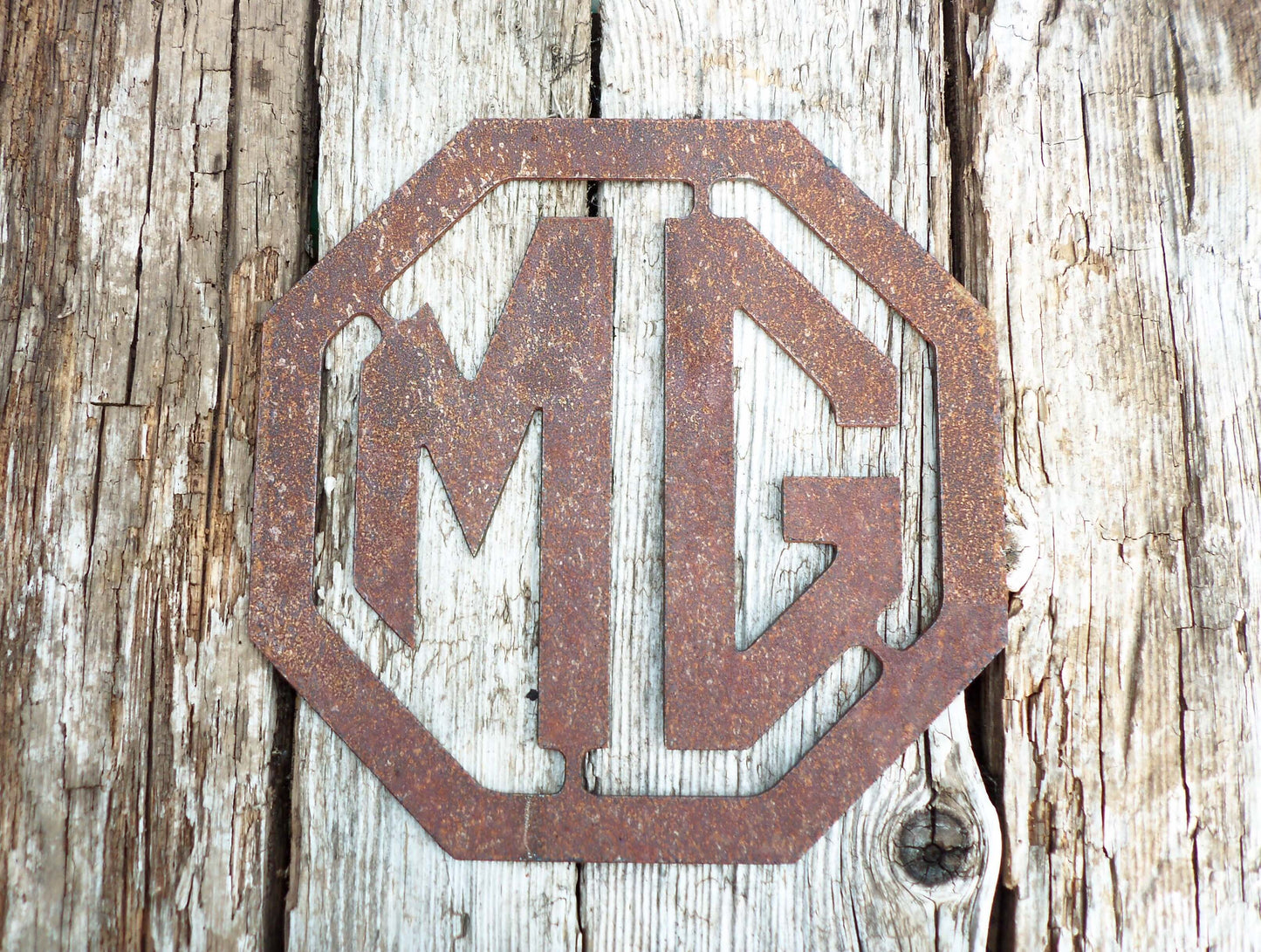 Rusty Metal MG BADGE SIGN Garden Ornament. Rustic Garden Decor. Metal Garden CAR BADGE Decoration. Rusted Steel Garden Art. Birthday Gift.