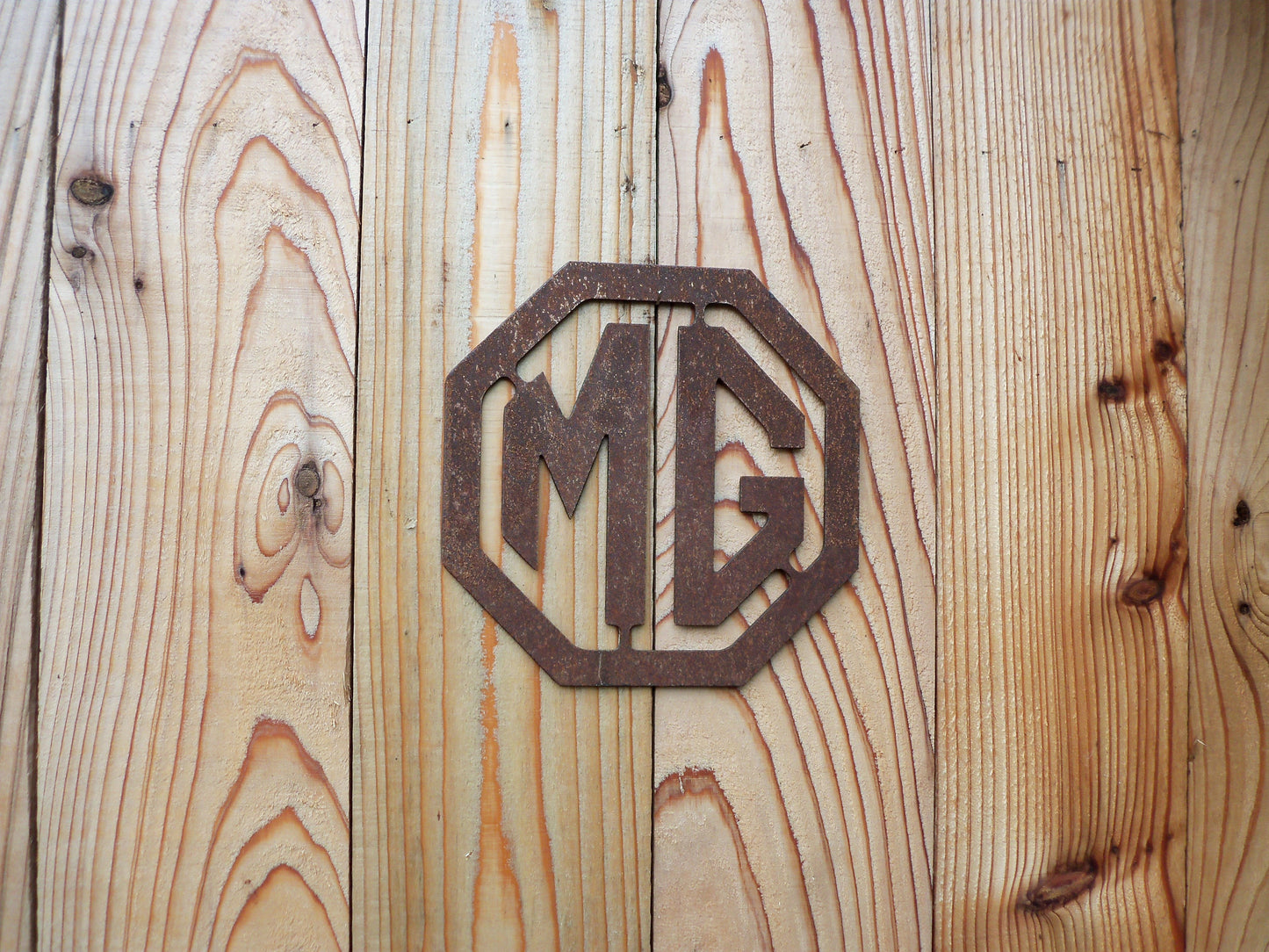 Rusty Metal MG BADGE SIGN Garden Ornament. Rustic Garden Decor. Metal Garden CAR BADGE Decoration. Rusted Steel Garden Art. Birthday Gift.