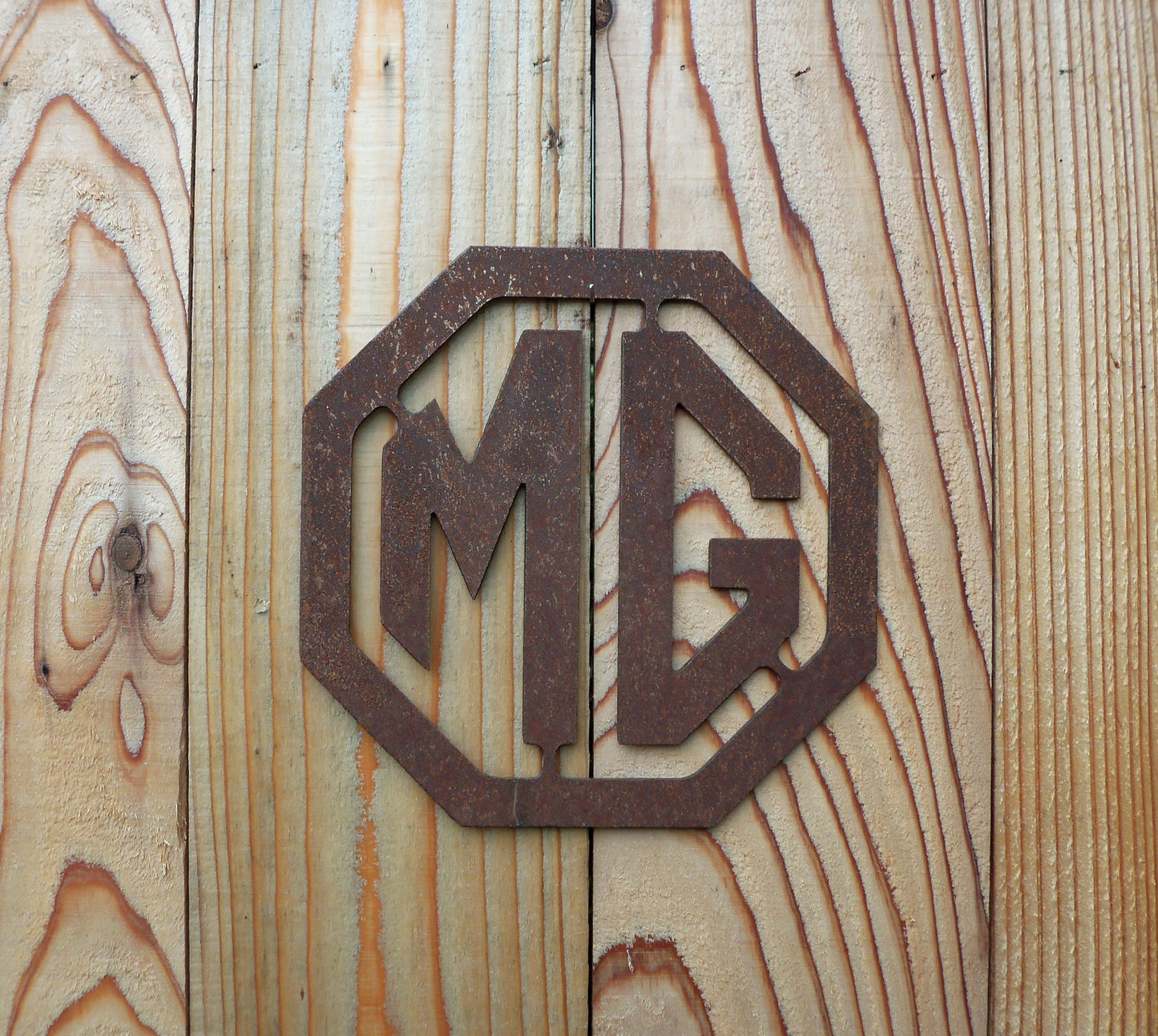 Rusty Metal MG BADGE SIGN Garden Ornament. Rustic Garden Decor. Metal Garden CAR BADGE Decoration. Rusted Steel Garden Art. Birthday Gift.