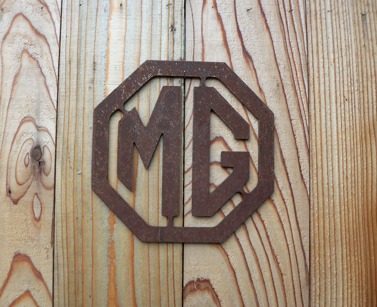 Rusty Metal MG BADGE SIGN Garden Ornament. Rustic Garden Decor. Metal Garden CAR BADGE Decoration. Rusted Steel Garden Art. Birthday Gift.