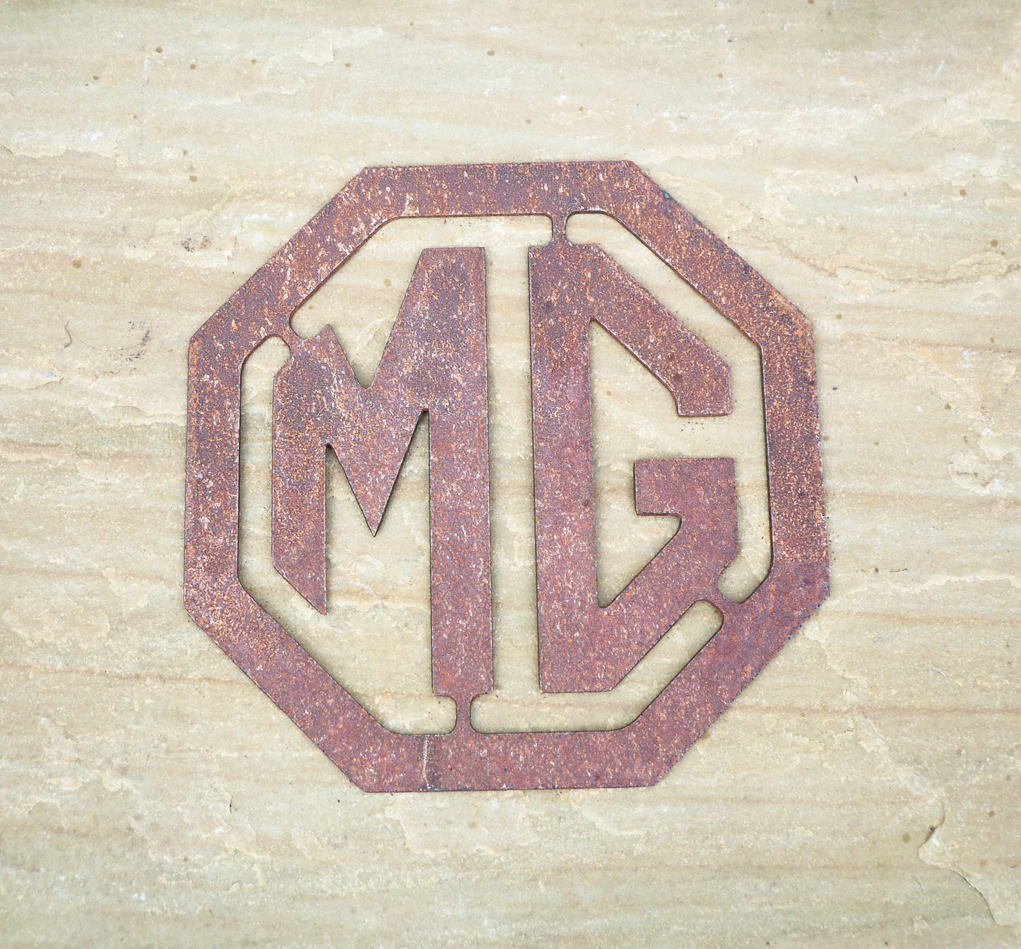 Rusty Metal MG BADGE SIGN Garden Ornament. Rustic Garden Decor. Metal Garden CAR BADGE Decoration. Rusted Steel Garden Art. Birthday Gift.